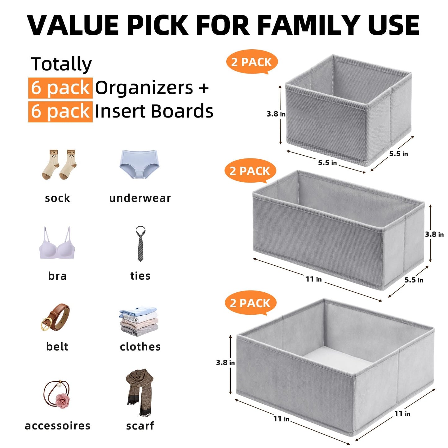 Drawer Organizer Bins for Clothes - 6 Pack