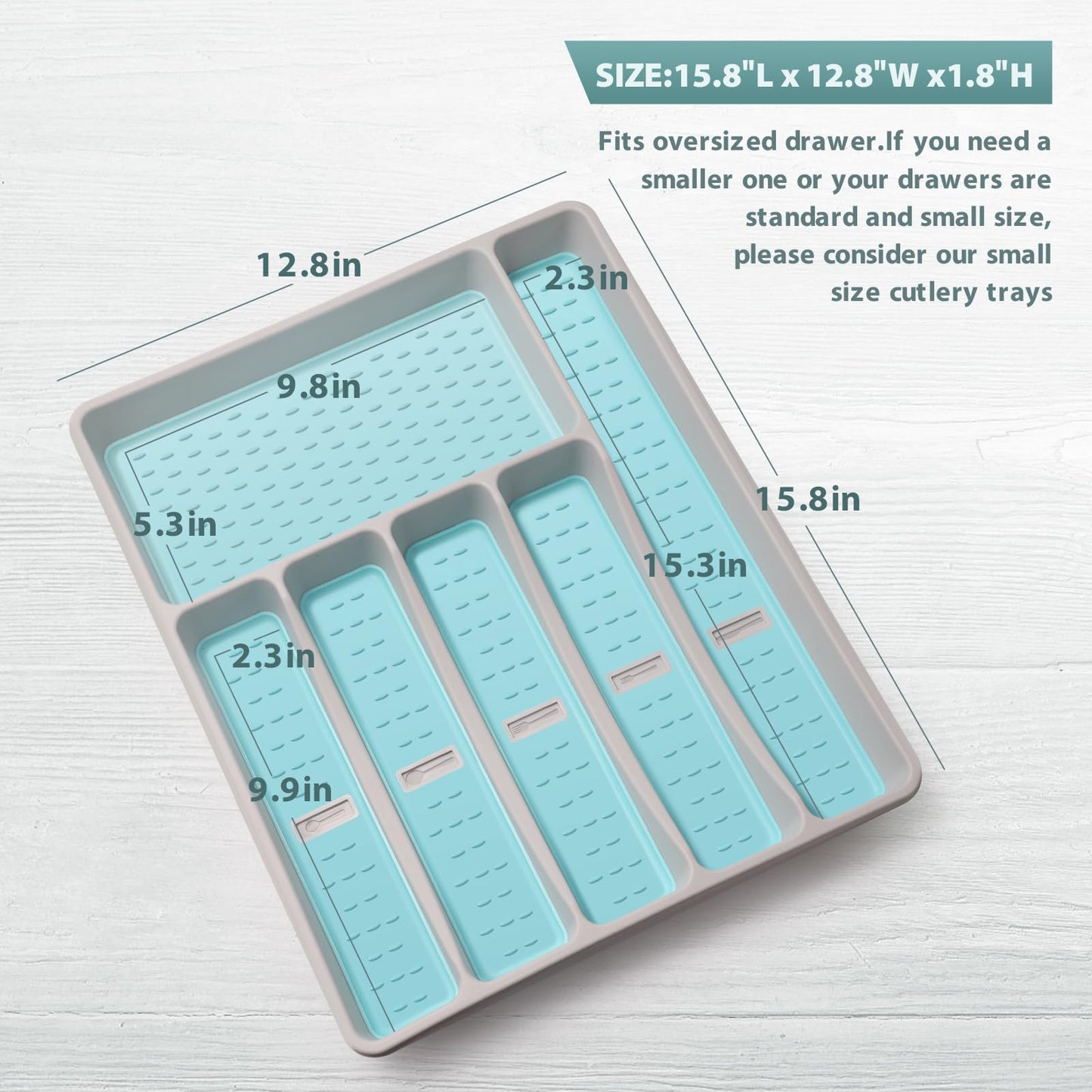 Joequality Silverware Organizer with Icons,Plastic Cutlery silverware Tray for Drawer,Utensil Tableware Flatware Organizer for Kitchen with Non-slip TPR,Fits Oversized Drawer,6-Compartment,Grey+Mint
