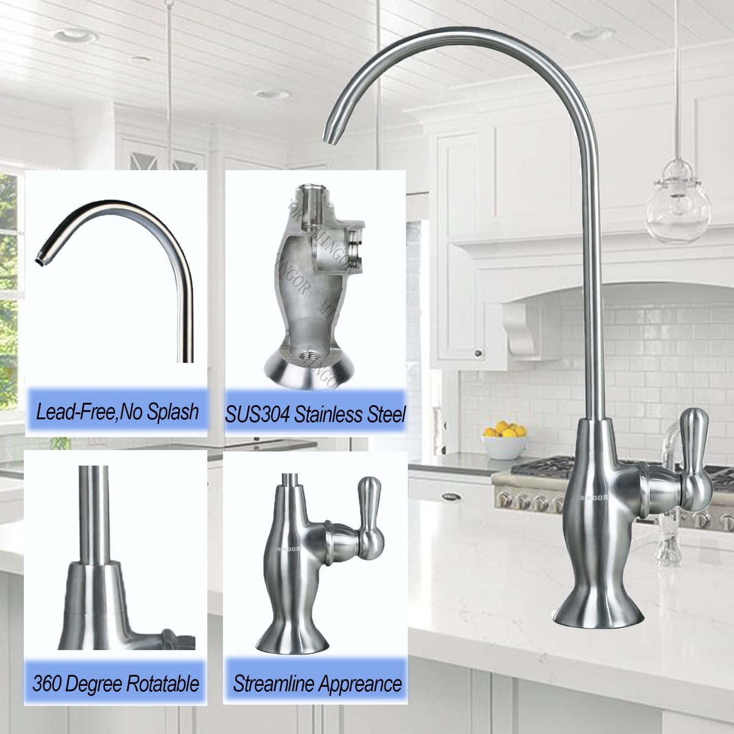 Drinking Water Filter Faucet, Kitchen Stainless Steel Water Purifier Faucet for Reverse Osmosis Water Filtration System, Non-Air Gap, Lead-Free, Brushed Nickel
