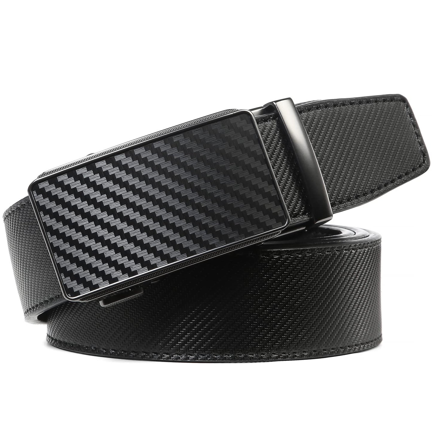 Drowsmen Belt men,leather ratchet belt 1 3/8" with Comfort Click Sliding Automatic Buckle in gift box, Adjustable belt Trim to Fit (Carbon Fiber Black Belts, 36"-42" Waist Adjustable)