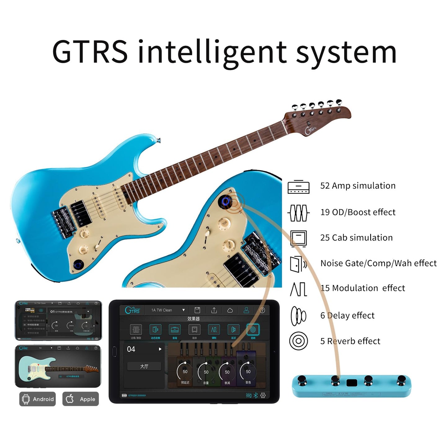 GTRS S801 Smart Electric Guitar Kit with Effects System, HHS Pickup, Loop Drum Machine, 12 Hours Battery Life, Rosewood Fretboard Glossy Paint for Beginner, Professional Player, Performance