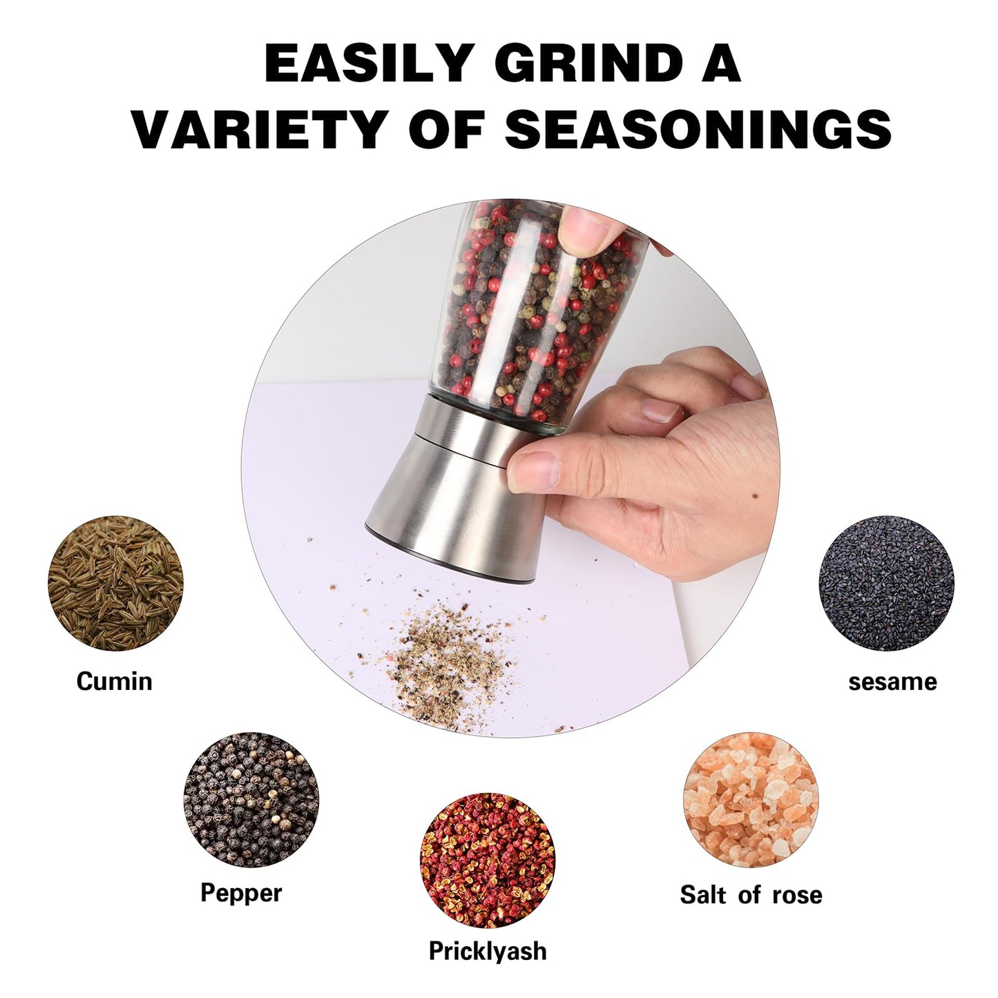 LIVITUP Salt and Pepper Grinder Set Refillable, Salt Pepper Grinder Shaker Stainless Steel Glass Pepper Mill with Adjustable Coarseness