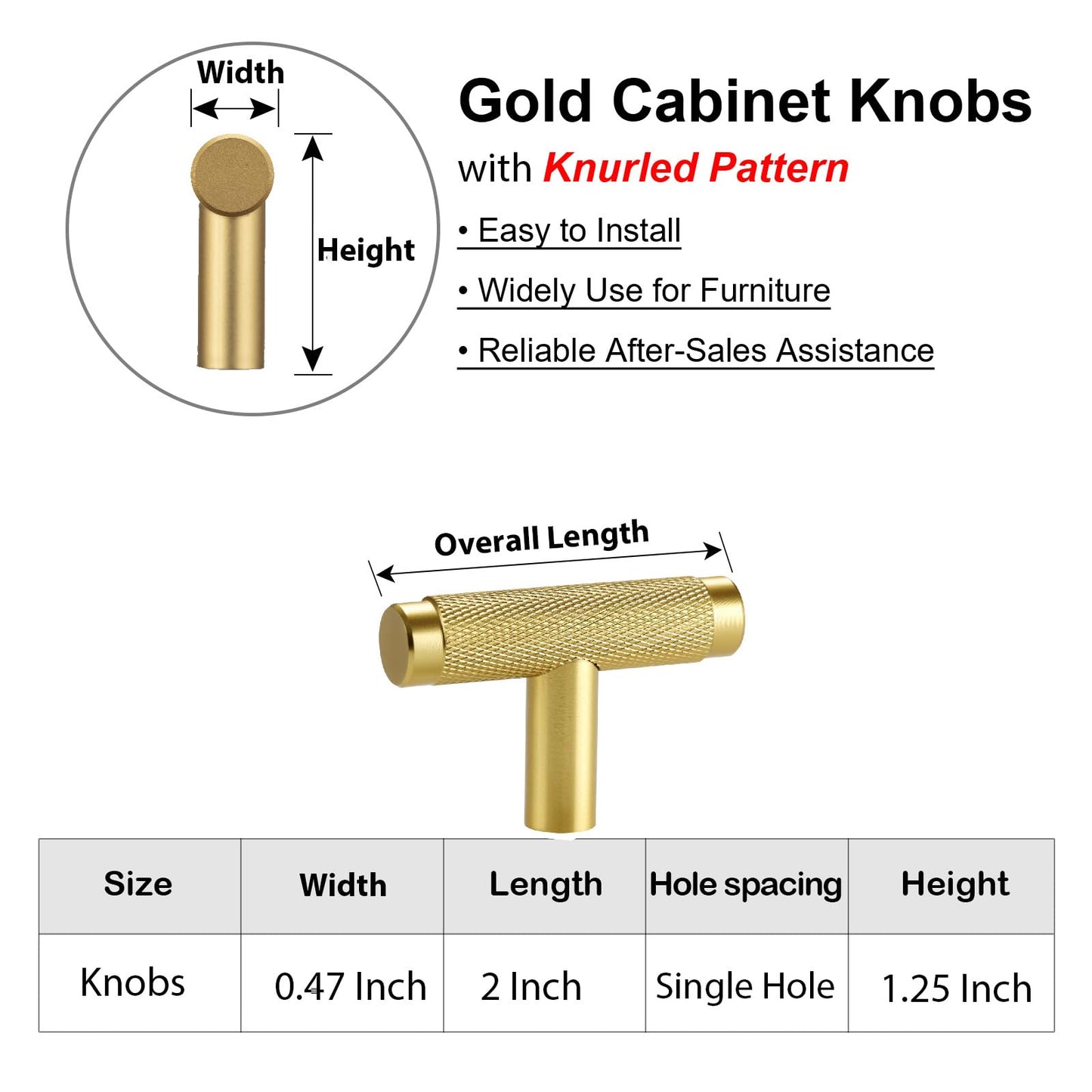 AITITAN 10 Pack Gold Cabinet Knobs Gold Knobs for Cabinets and Drawers - 2 Inch Length Single Hole T Bar Cabinet Knobs Gold, Brass Drawer Knobs and Gold Dresser Knobs