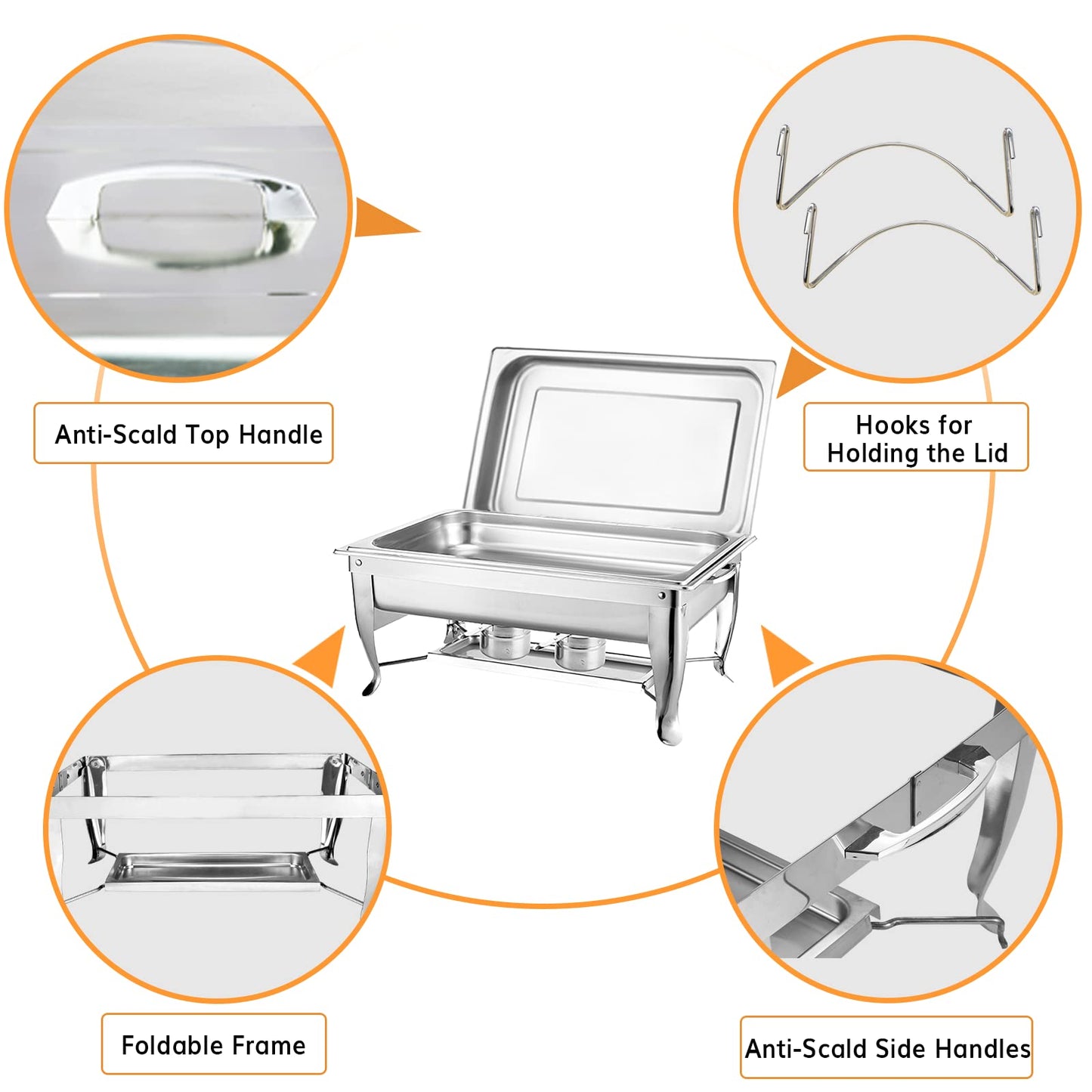NEW Chafing Dish 9QT 2 PACK Stainless Steel food wamer folding leg chafer Hotel chafing dish 1/1 Buffet Set Foldable Chafer, Chafing dish Set with Fuel Holder, Chafing Servers with cover Food Clip