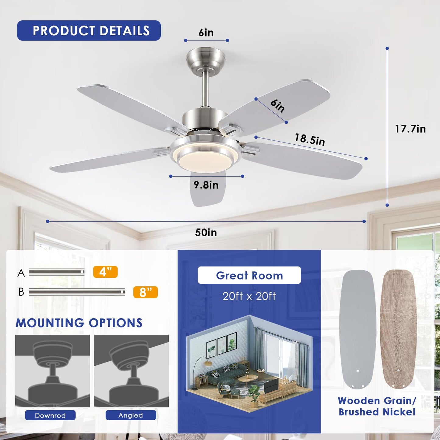Ceiling Fan with Light and Remote/APP Control,50" Modern Indoor Ceiling Fan with DC Reversible Motor, Quiet 6 Speeds Flush Mount Ceiling fan Light for Bedroom,Dinnig Room,Brushed Nickel
