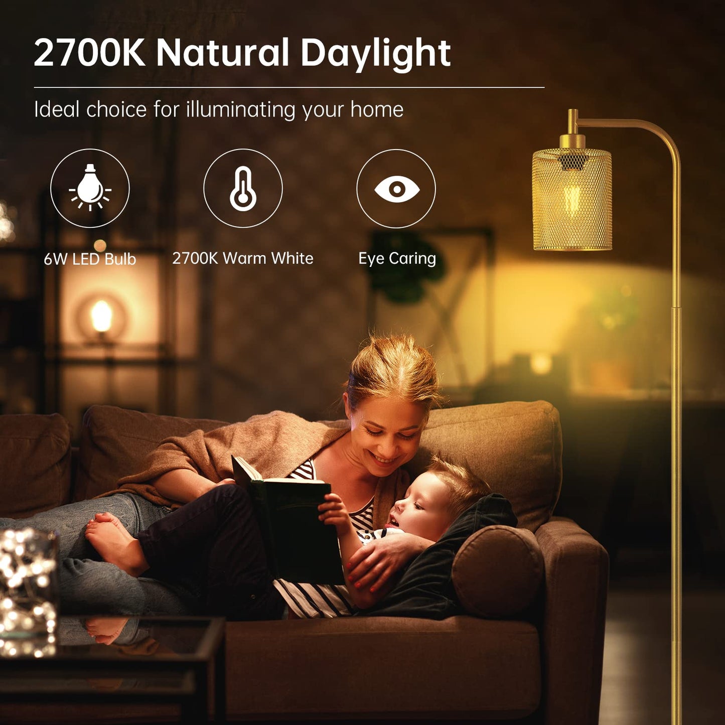 BoostArea Industrial Gold Floor Lamp, 67 Inch LED Standing Lamp with Iron Mesh Lampshade, 6W Brass Stand Up Lamp for Living Room, Bedroom, Office, Den