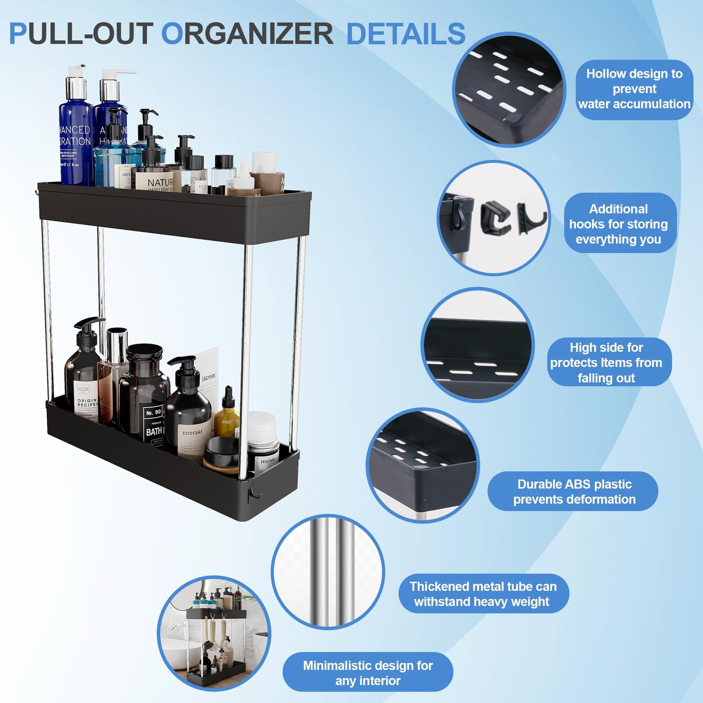 Under Sink Organizer, 2 Pack Under Sink Organizers and Storage, 2-tier Bathroom Cabinet Organizer with Hooks, Kitchen Organizers and Storage for Bathroom, Laundry, Pantry