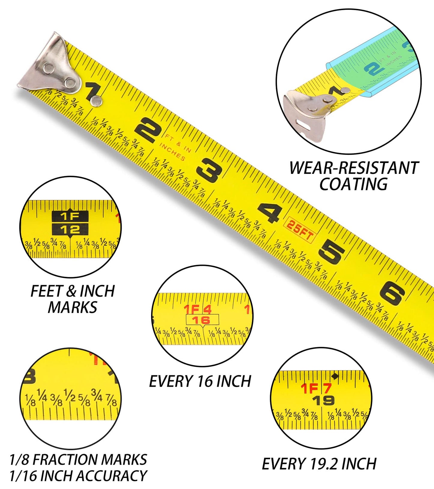 DOWELL Measuring Tape Measure 25ft Measurement Tape Steel Blade Shock Absorbent Solid Rubber Case Accurate Easy Read with Fractions 1/8 for Construction Contractor Carpenter Architect Woodworking (1)