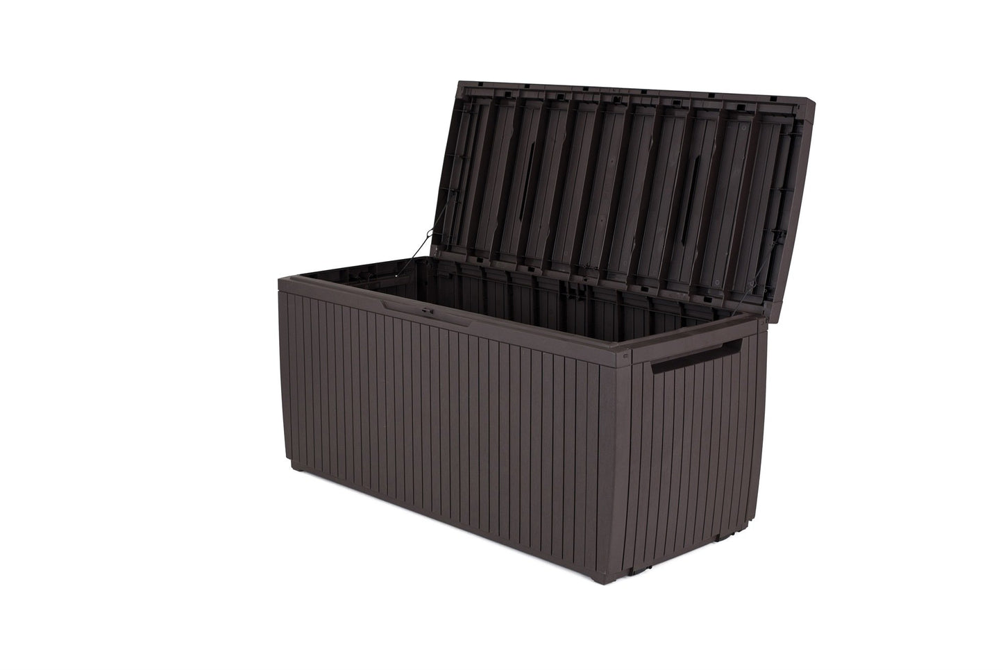 Keter Springwood 80 Gallon Resin Outdoor Storage Box for Patio Furniture Cushions, Pool Toys, and Garden Tools with Handles, Brown