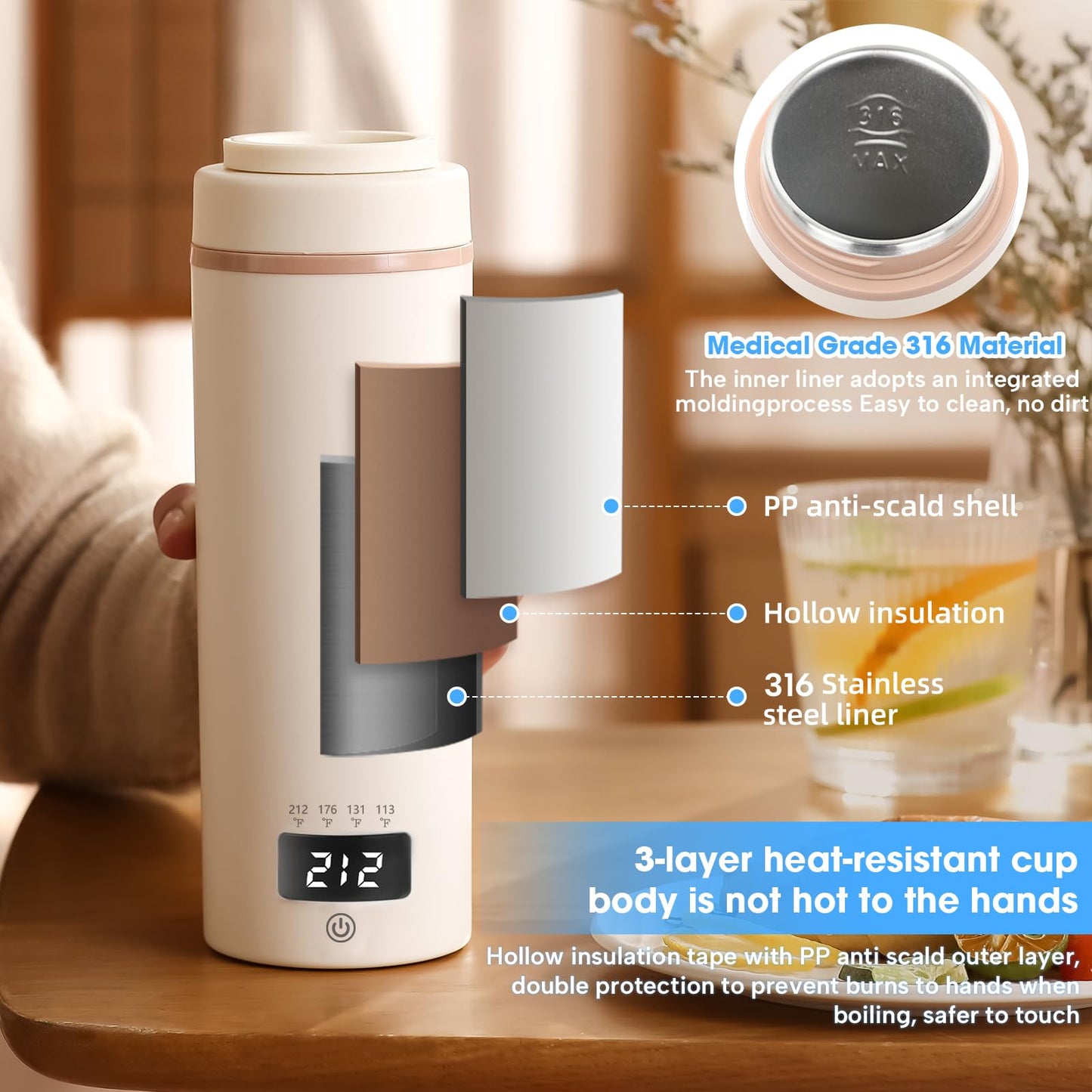 Car Kettle Water Boiler 12V - Travel Kettle Portable Electric Kettle 500ml, 4 Adjustable Temperature for Coffee Tea Heater, 316 Stainless Steel (Cream)