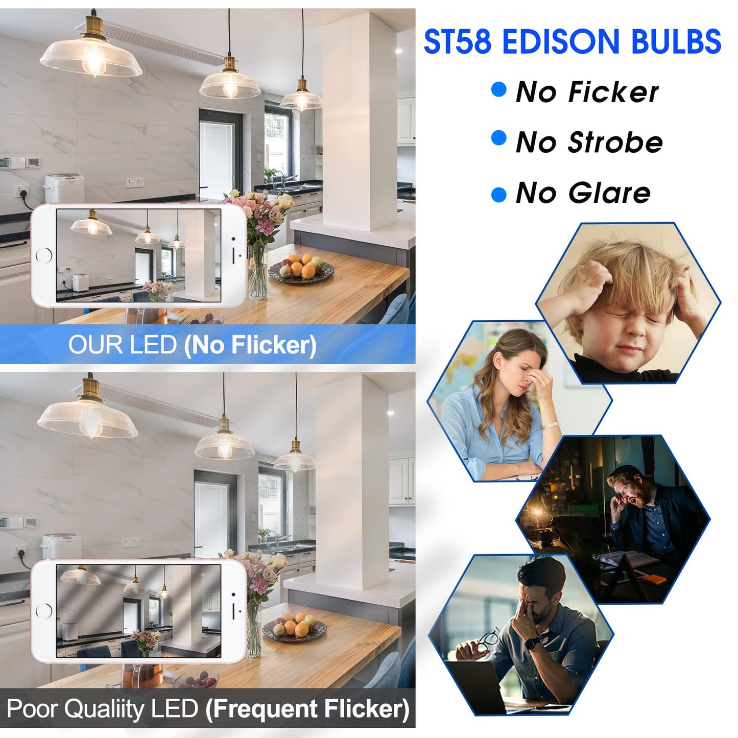 Energetic Dimmable LED Filament Light Bulbs, High Brightness, 8W, 60 Watt Equivalent, ST58 ST18, Daylight 5000K, Classic Clear Glass, 6 Pack