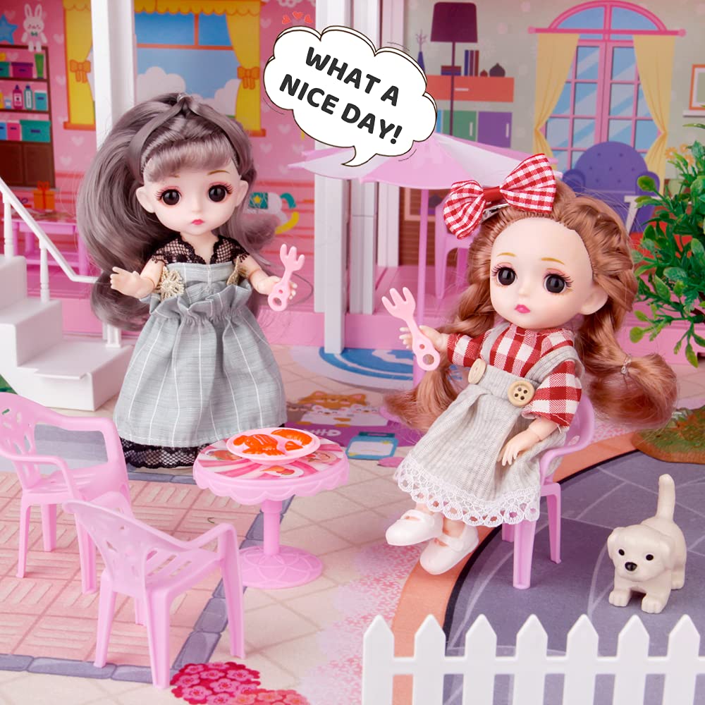 Dollhouse Building Toy Set with 5 Lights,3 Dolls& 2 Pets Princess Doll House and Furniture,Accessories,Stairway,Best STEM Pretend Play Toys for Girls Toddlers 27.7" Tall (9 Rooms)