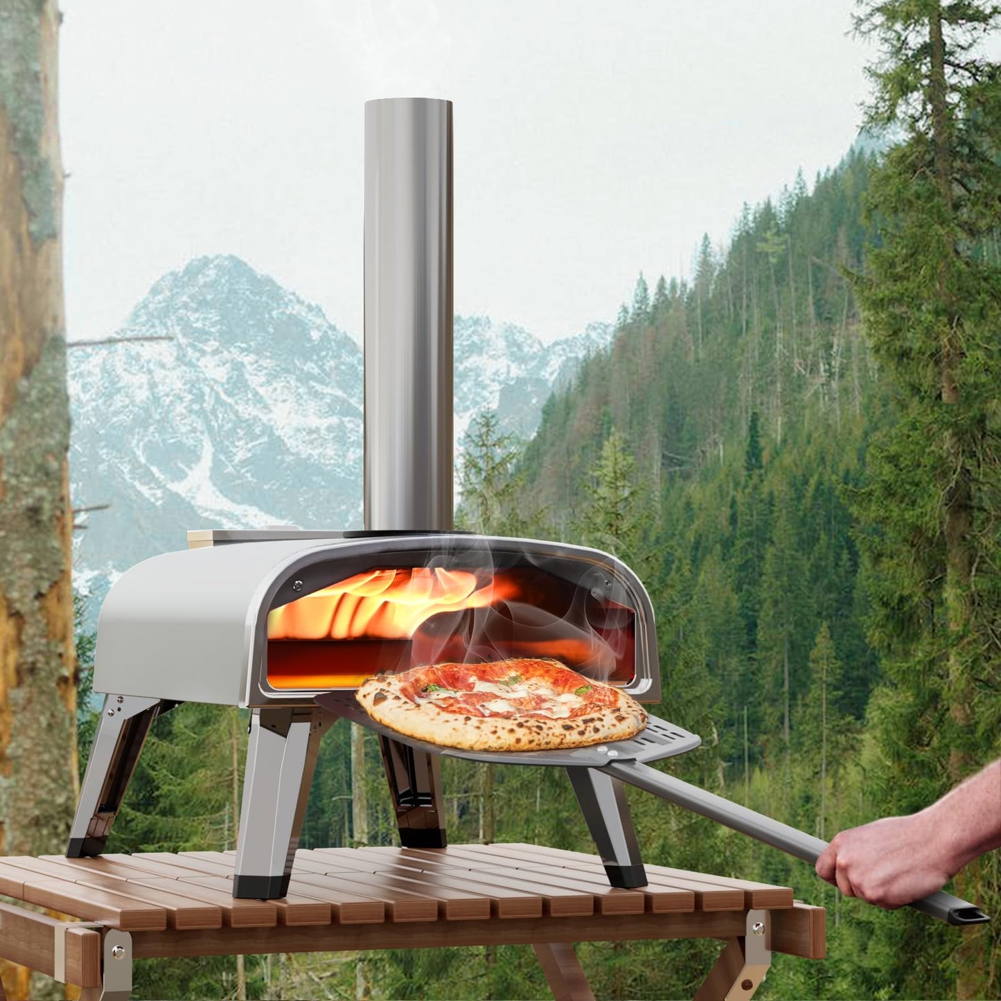 aidpiza Pizza Oven Outdoor 12" Wood Fired Pizza Ovens Pellet Pizza Stove for Outside, Portable Stainless Steel Pizza Oven for Backyard Pizza Maker Portable Mobile Outdoor Kitchen (Gray-01)
