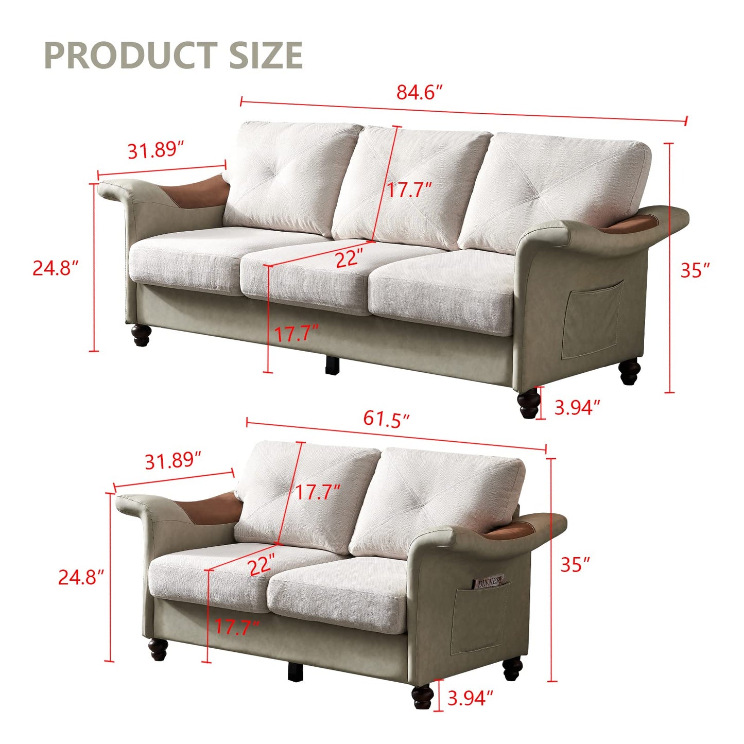 DHPM Sectional Faux Leather with Wood Leg, 2 Pieces Mid-Century Sofa Living Room Furniture Sets, Linen Upholstered Couch include 3 Seater and Loveseat for Home or Office (2+3 seat), Beige