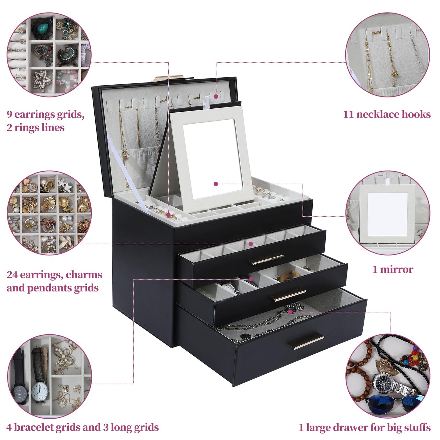 BOOVO 4 Layer Jewelry Box for Women, Jewelry Organizer Box with Necklace Hooks, 3 Drawers White Jewelry Box for Sunglasses, Necklace and Bracelet Storage (Black)