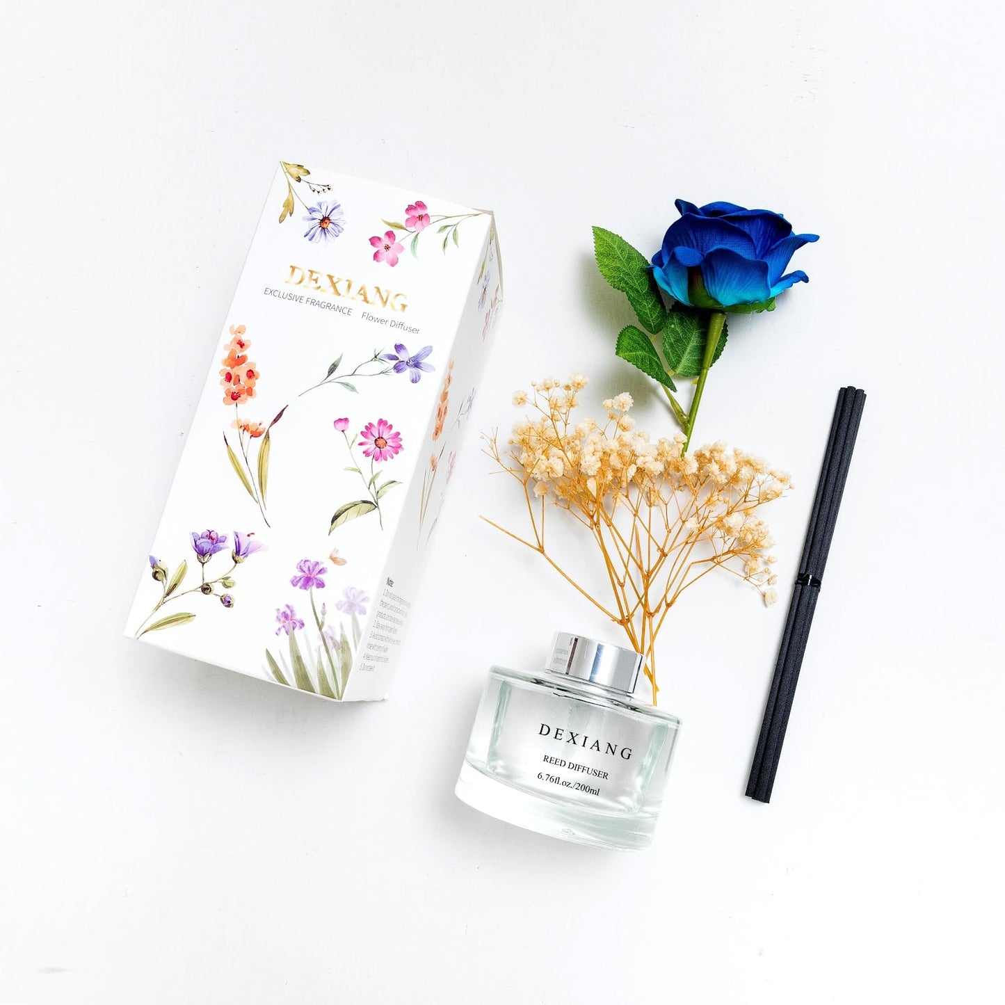 DEXAING Reed Diffuser Set, 6.7oz (200ml) Clean Linen Scent Diffuser with Rose Flower and Sticks Home perfumes Reed Diffuser Makes Great Bathroom Decor (White Floral Scent)