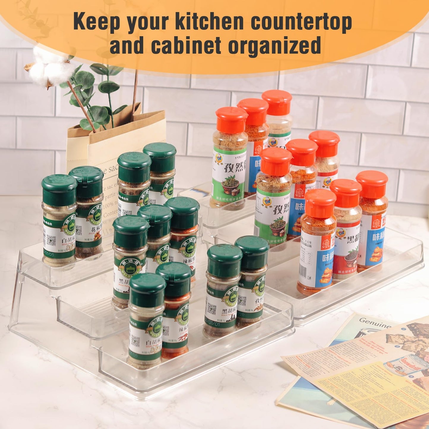 CherHome 2PCS Spice Rack Organizer,3-Tier Spice Organizer for Cabinet,Set of 2 Kitchen Countertop and Cabinet Seasoning Organizer (2 Pieces)