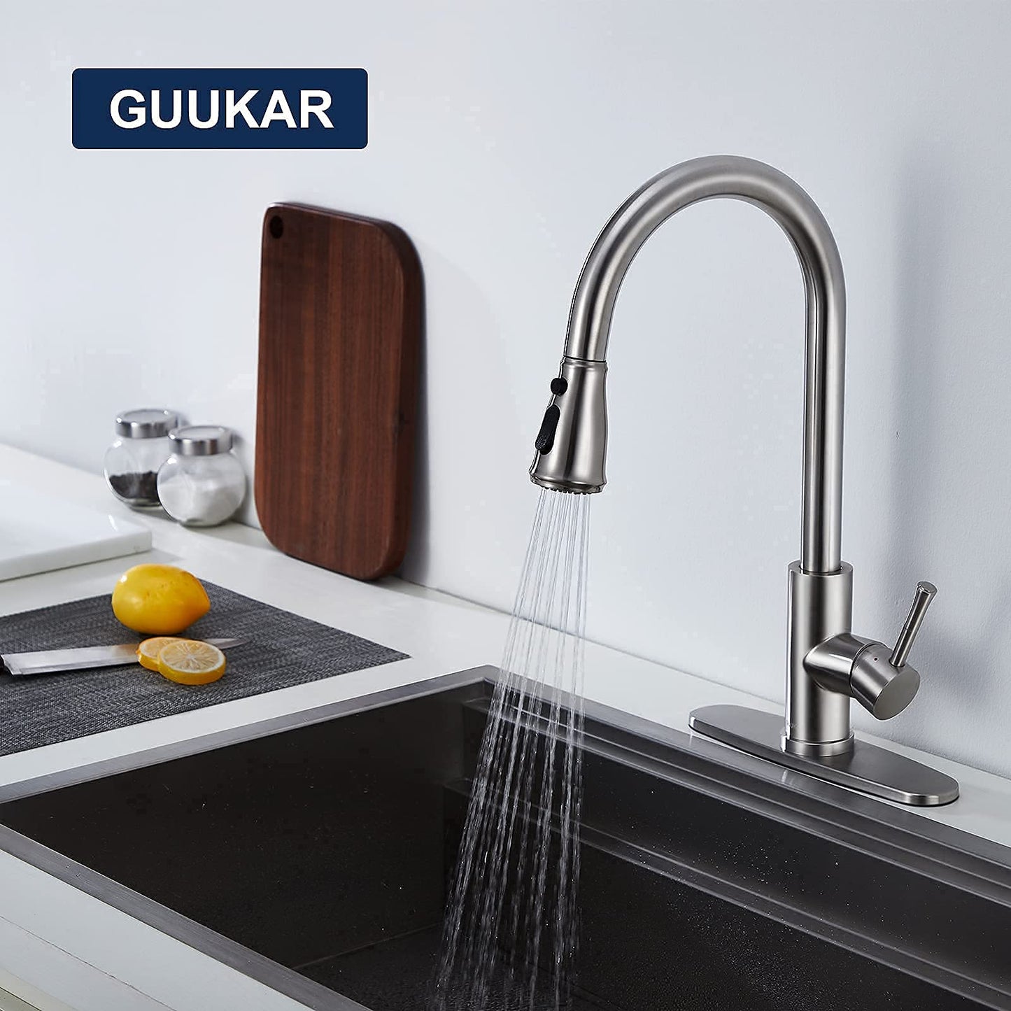 GUUKAR Kitchen Faucet with Pull Down Sprayer Brushed Nickel Stainless Steel Single Handle Modern Kitchen Sink Faucet with Deck Plate