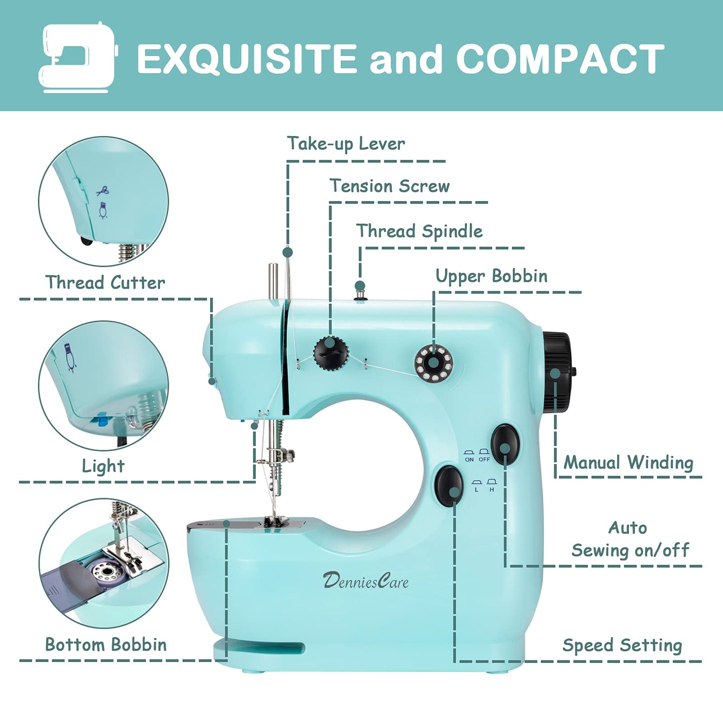 DenniesCare Mini Sewing Machine Handheld Sewing Machine for Beginners Sowing Machine with Extension Table Light Sewing Kit Sewing Products Cyan Sky