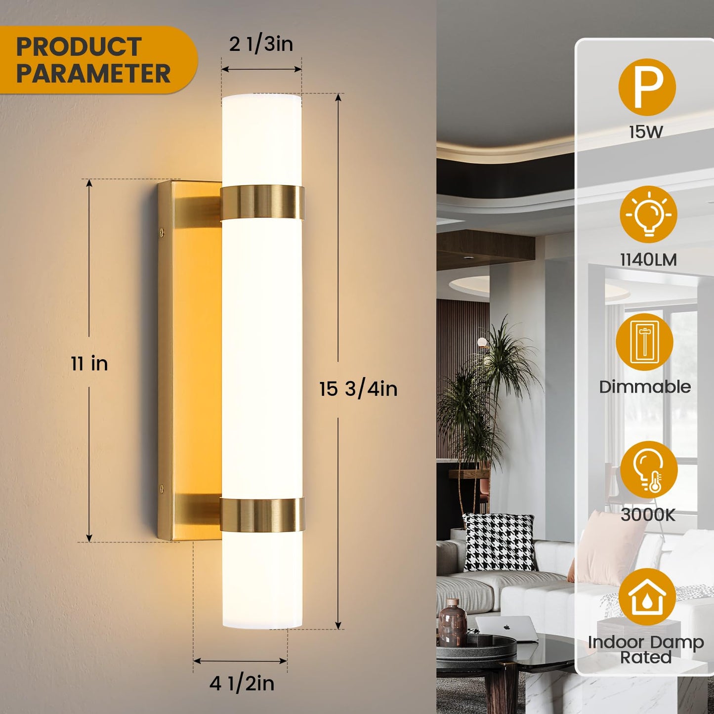 Epinl Gold Dimmable LED Wall Sconces Set of 2