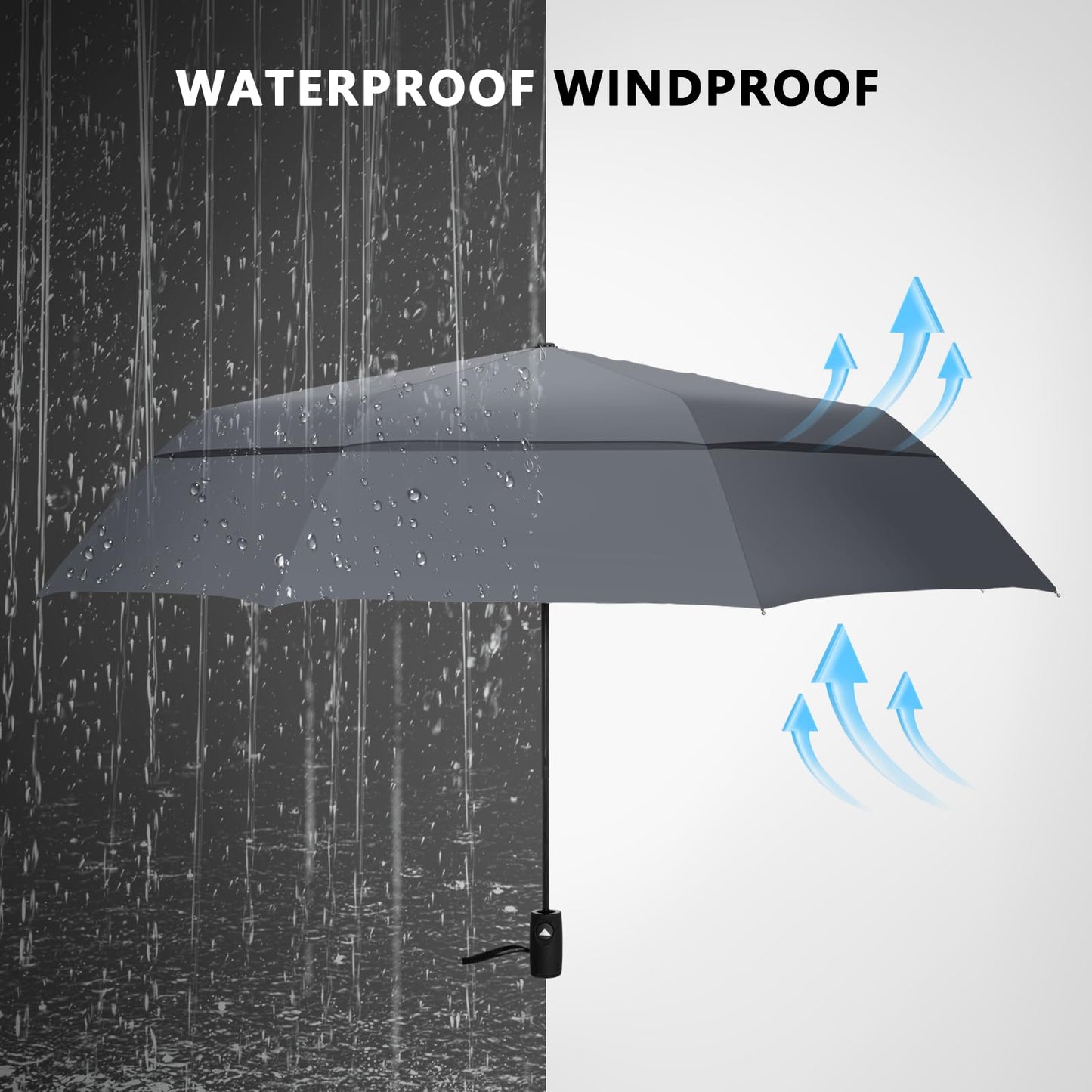VELLUXE Portable Large Umbrella for Rain, Vented Windproof Double Umbrella, Foldable Golf Umbrella, Compact Travel Umbrella, Automatic Umbrella for adults, Grey Umbrella