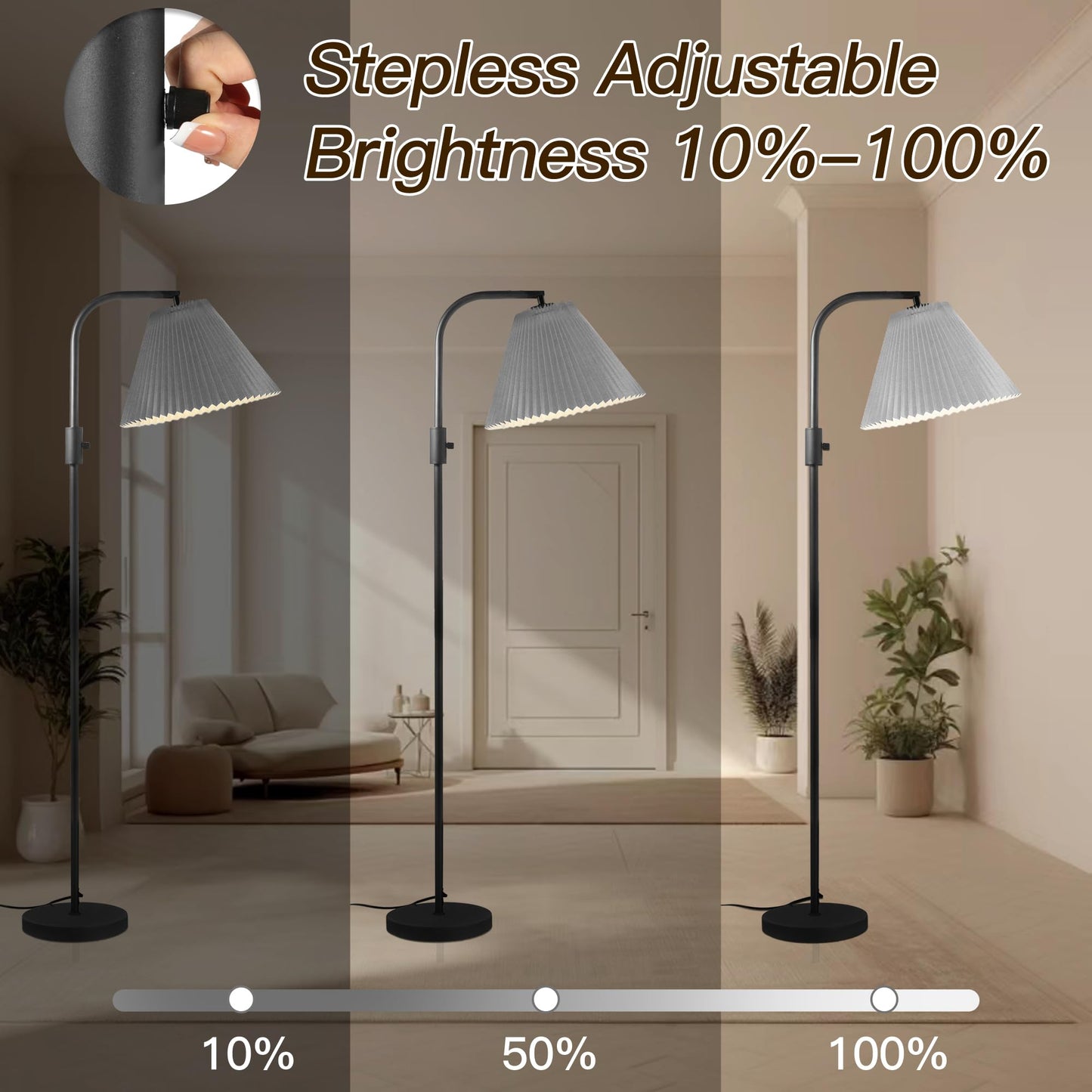 COFF Dimmable Floor Lamp, Arc Standing Lamp with 1000 Lumens LED Edison Bulb Included, Pleated Shade Modern Tall Pole Lamp for Living Room, Bedroom, Office, Color Gray