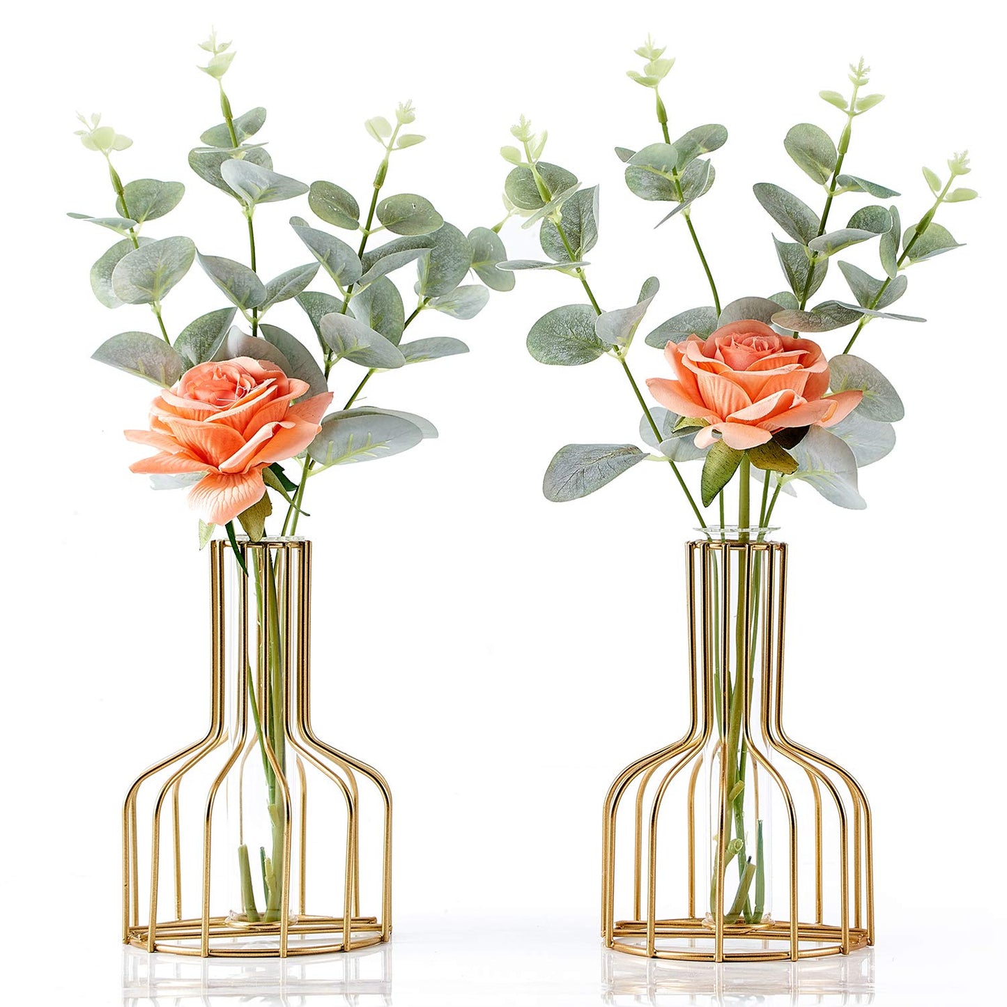 2PC Gold Vase for Centerpieces Home Decor, Clear Glass Test Tube Vases Decorative, 3.9" W x 5.9" H Metal Modern Flower Vase, Small Bud Vases Gifts for Women Wedding Living Room Table Decorations