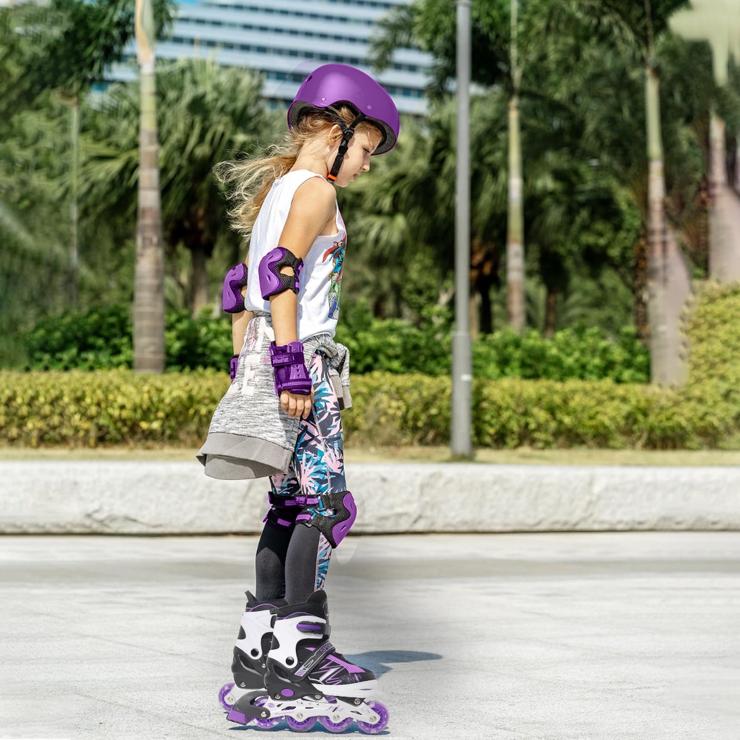 LEJIJIT Adjustable Inline Skates for Kids Girls Boys Children Beginners, Black & Purple Inline Roller Skates with Light Up Wheels for Kids and Youth for Indoors Outdoors Sports (Medium)