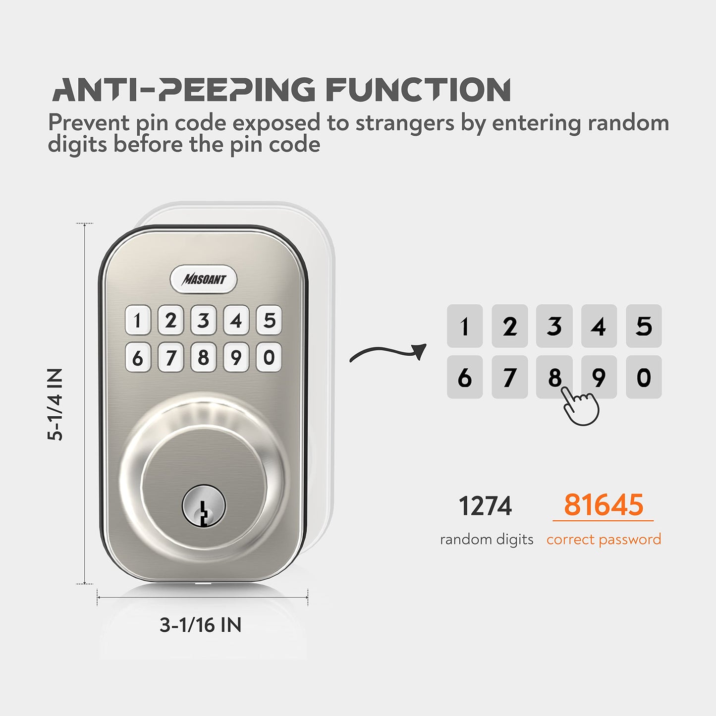 MASOANT Keyless Entry Smart Door Lock Electronic Keypad Deadbolt Lock with Keypads and Key Front Door Lock Set Auto Lock Anti-Peeping Password Weatherproofing Brushed Nickel
