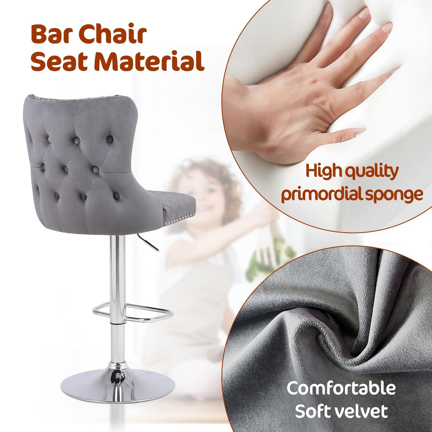 Chummaven Velvet Adjustable Bar Stools Set of 2, Counter Height Swivel Barstools with Chrome Base Footrest, Modern Upholstered Bar Chairs with Boutton Tufed High-Back for Kitchen,Dark Grey