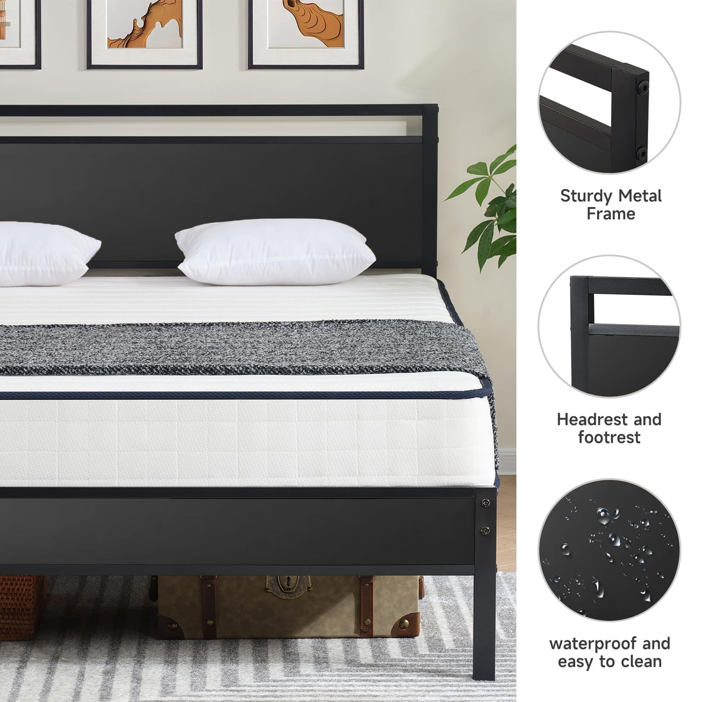 Twin Metal Bed Frame with Modern Wood Headboard