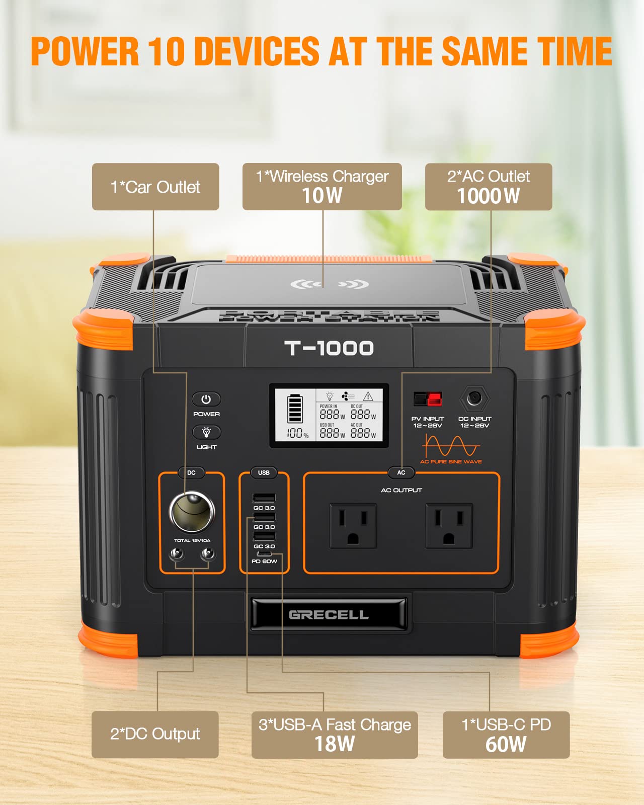 1000W GRECELL Portable Solar Generator with AC Outlet