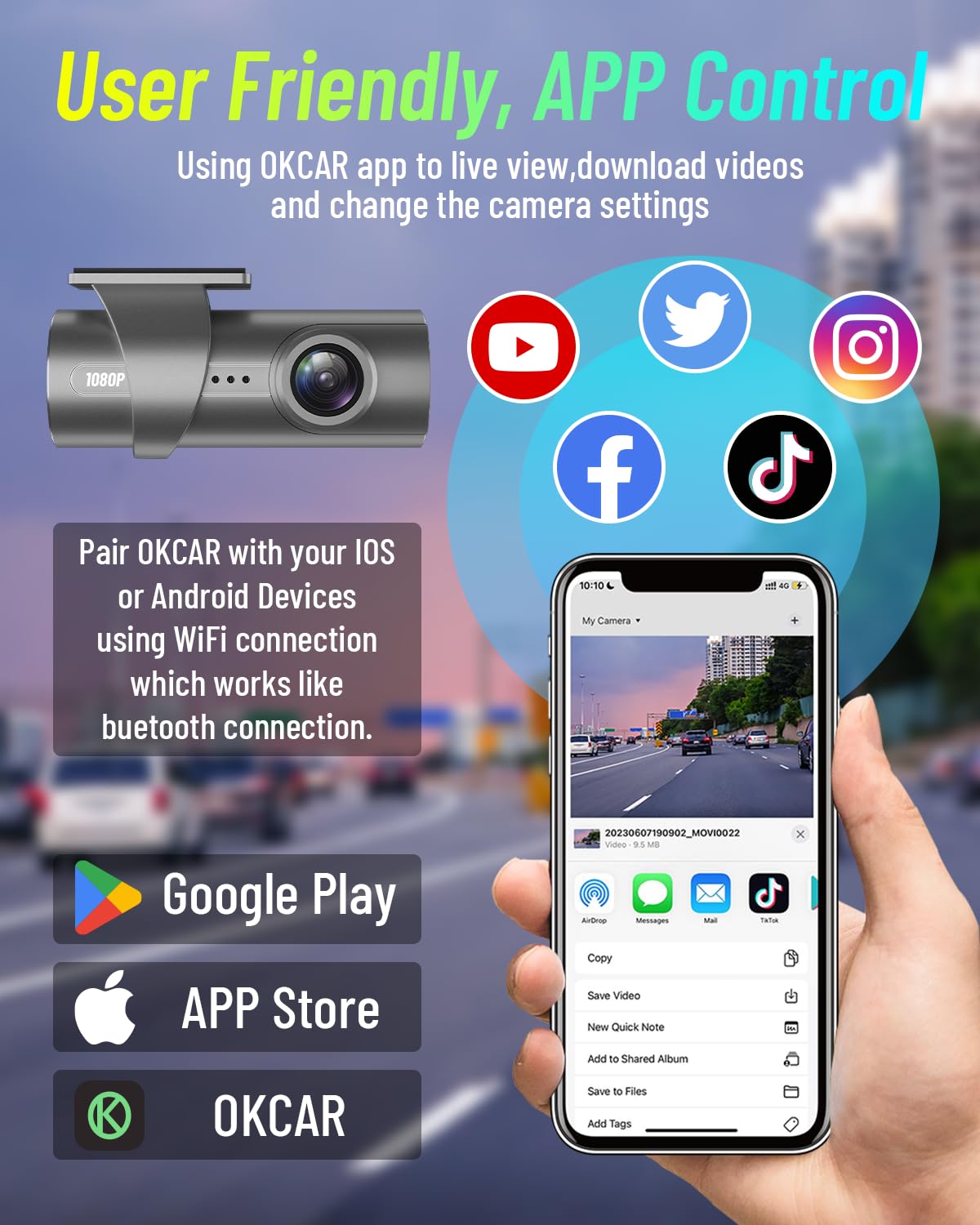AQV Dash Cam Front 1080P WiFi, Mini Dash Camera for Cars with App Control, 170° Wide Angle, G-Sensor, Loop Recording, Super Night Vision, Safer Super Capacitor for Dashcam Car Camera, MAX 64GB