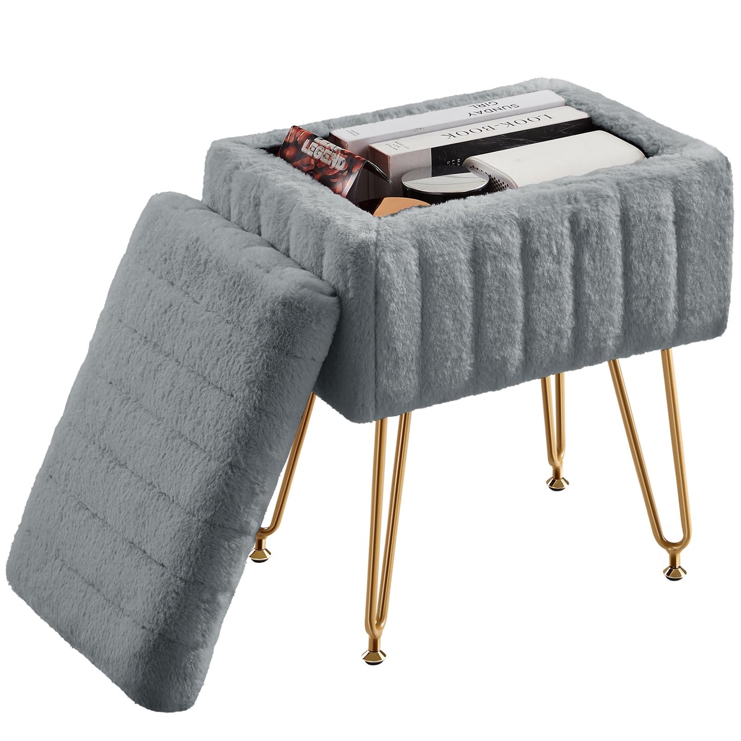 DUMOS Modern Faux Fur Vanity Stool with Storage