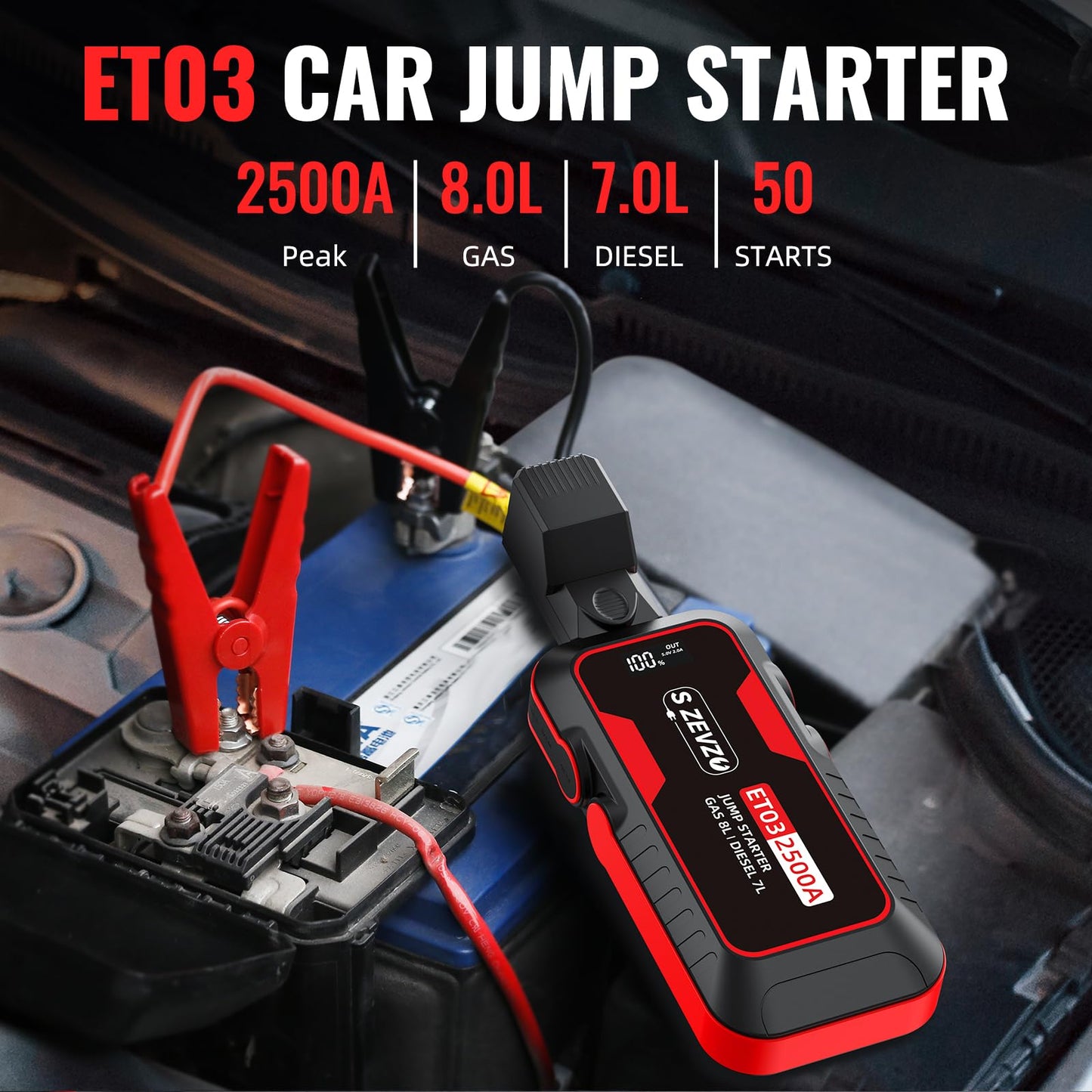2500A Car Jump Starter with USB and LED Light
