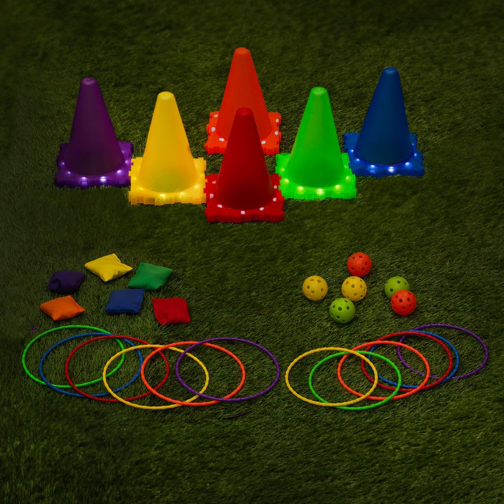 Carnival Outdoor and Indoor Games with LED Lights Combo Set for Kids 3 in 1 Throwing Game Toys Ring Toss, 30 Piece Cornhole Bean Bags, Plastic Cone Games, with LED Lights for Kids Night Play
