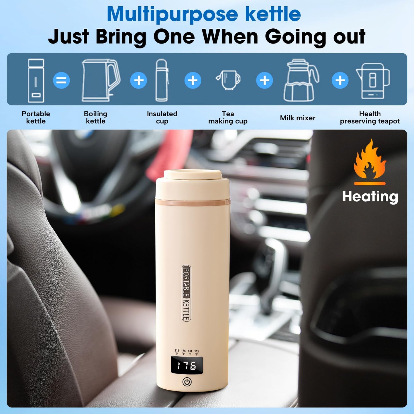 Car Kettle Water Boiler 12V - Travel Kettle Portable Electric Kettle 500ml, 4 Adjustable Temperature for Coffee Tea Heater, 316 Stainless Steel (Cream)