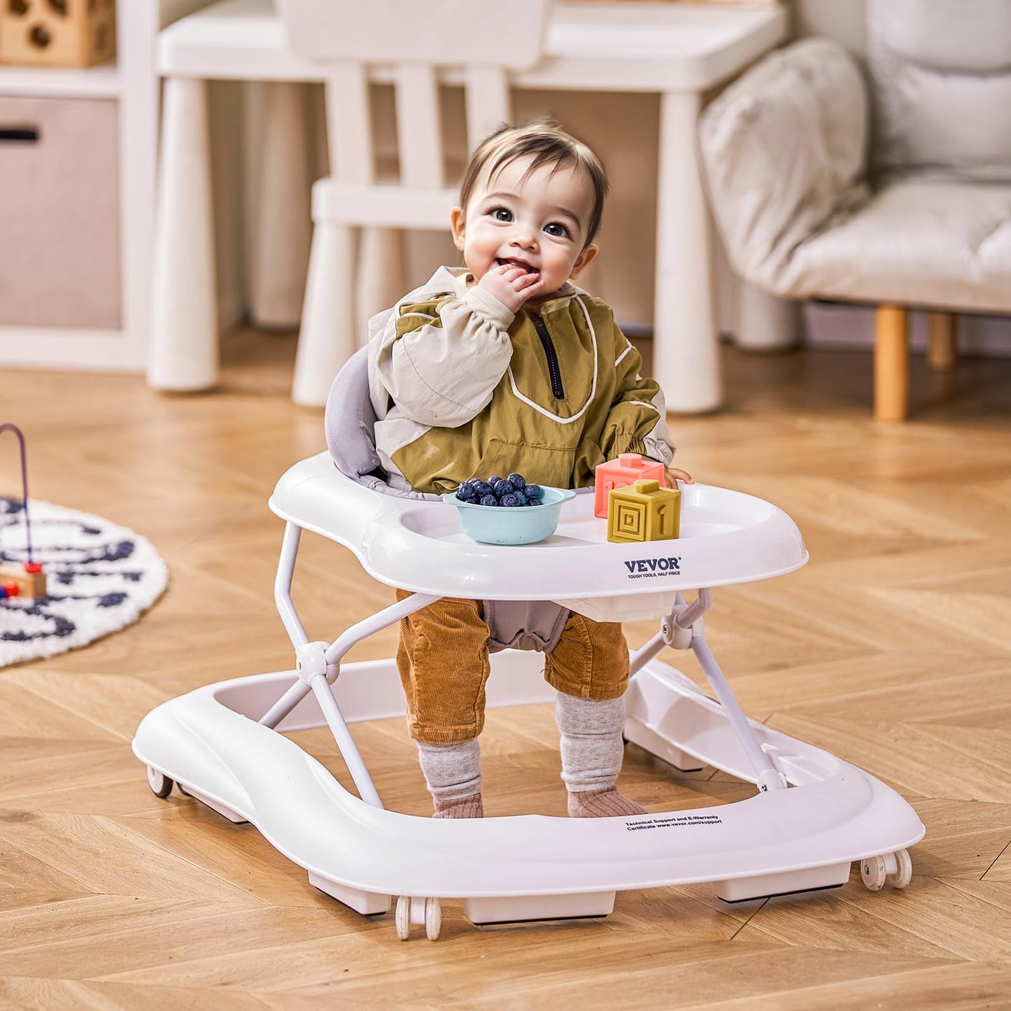 VEVOR Baby Walker, Foldable Baby Walkers with Large Feeding Tray, 3-Level Height Adjustable Toddler Infant Walker on Wheels, Anti-Rollover Activity Walker Helper for Boy Girl 6-12 Months