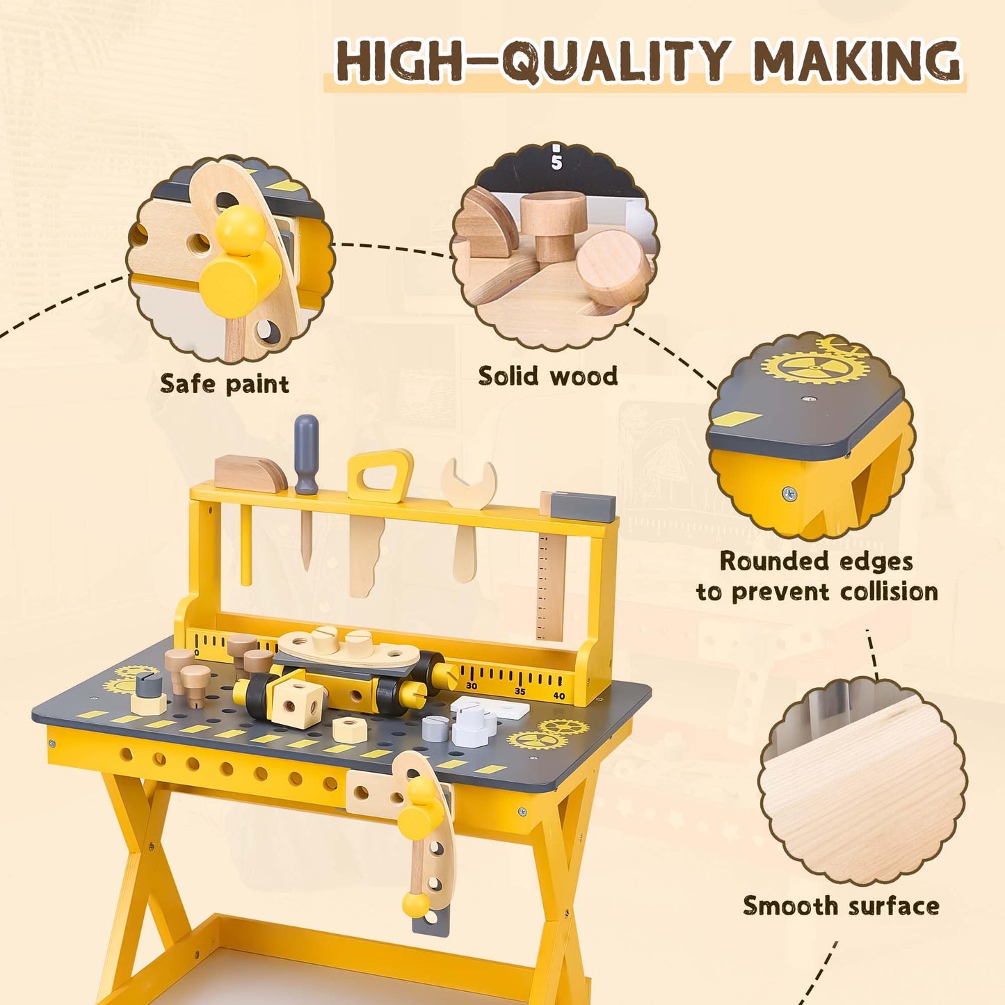 Kids Wooden Tool Bench with Realistic Tools Set
