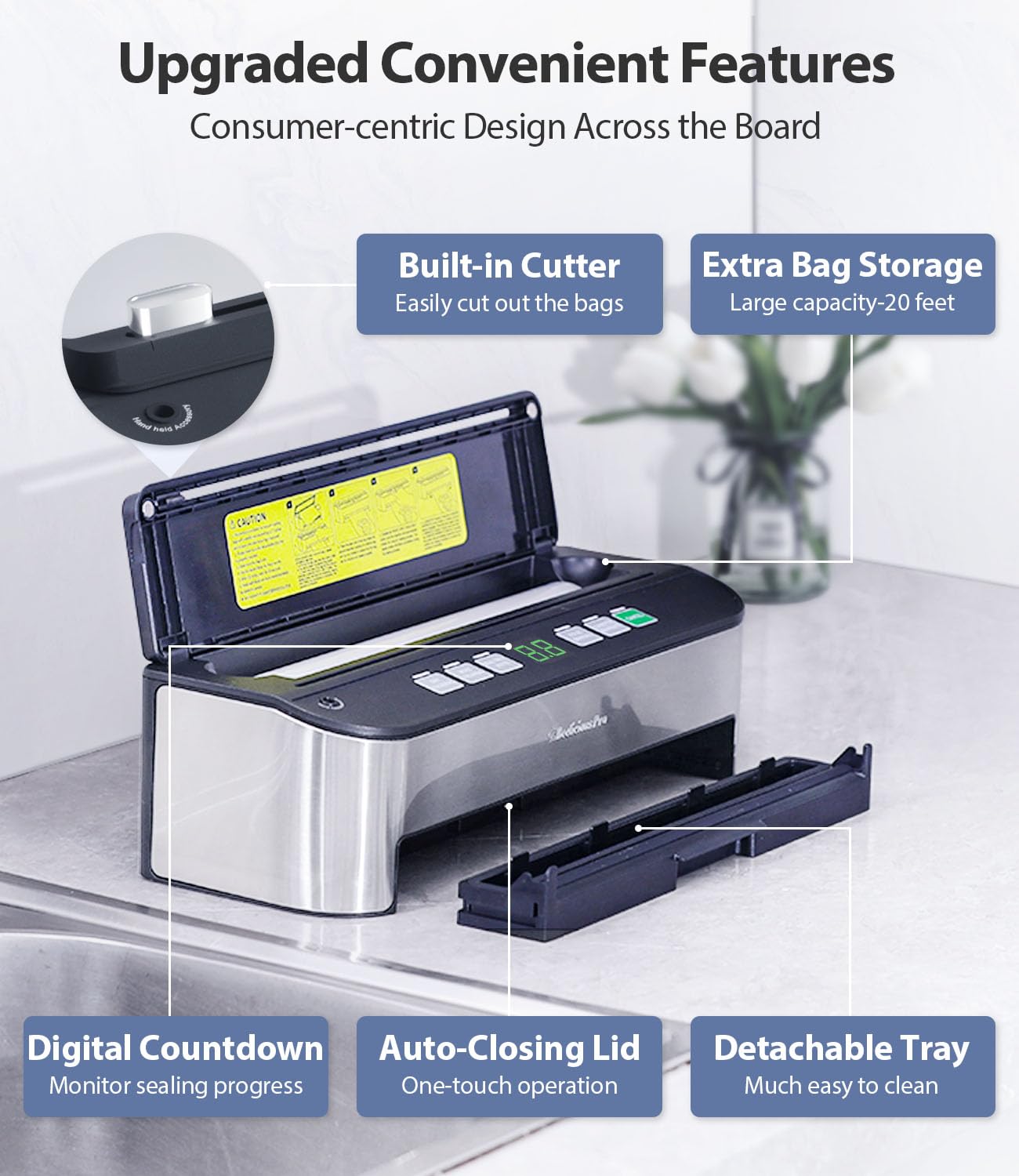 Vacuum Sealer Machine, Beeliciousยฎ 85KPA Fully Automatic 8-IN-1 Food Sealer with Bags Storage, Build-in Cutter, Moist Mode and Air Suction Hose | Digital Countdown | Sous Vide