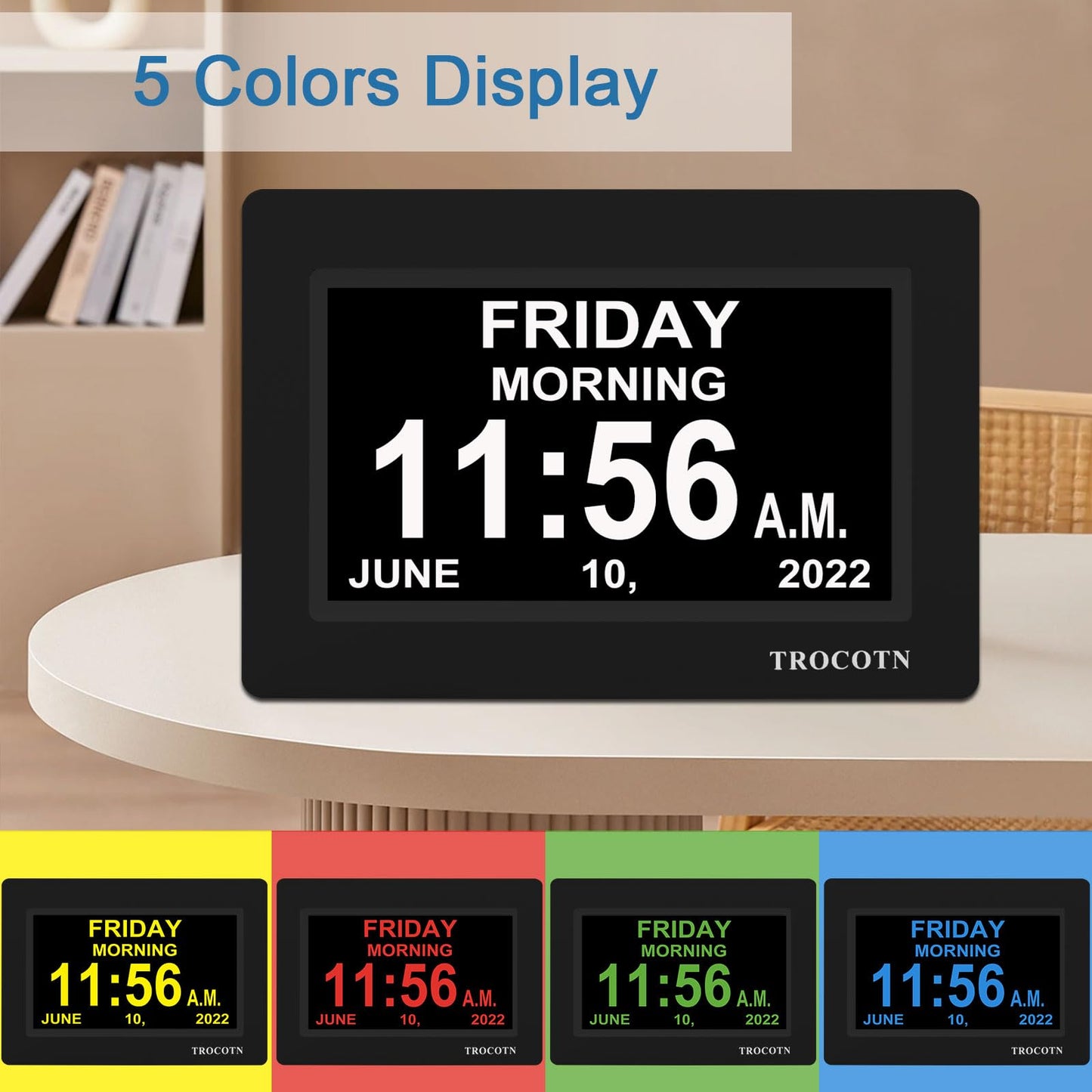 TROCOTN 7 Inches Calendar Clock Dementia Clock Large Display Alarm Clock with Auto DST for Seniors, 5 Display Modes Large Font Digital Clock with Custom Alarms Day Date Clock Wall Clock(Black)