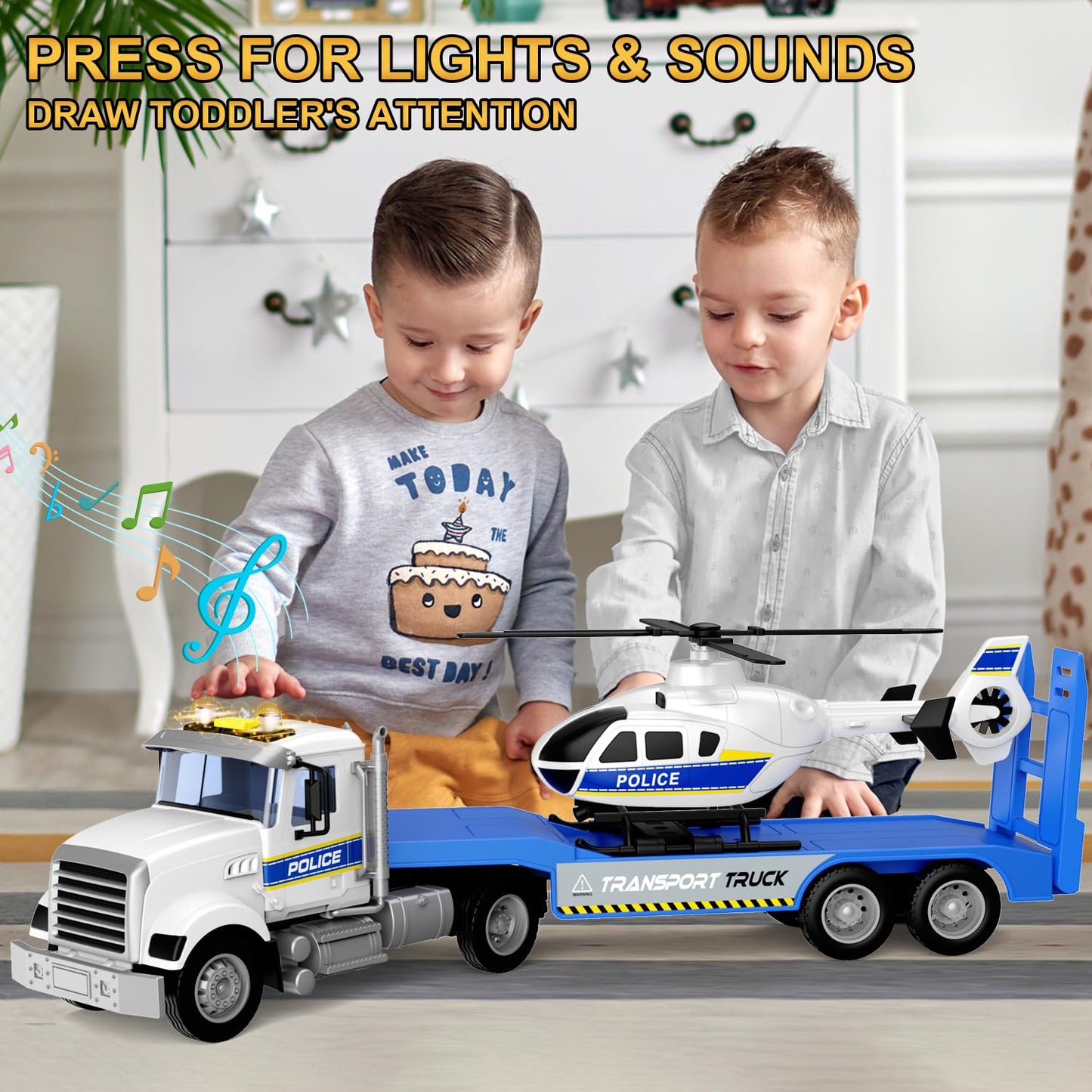 DOWELLIN Police Truck Toy with Helicopter for Kids
