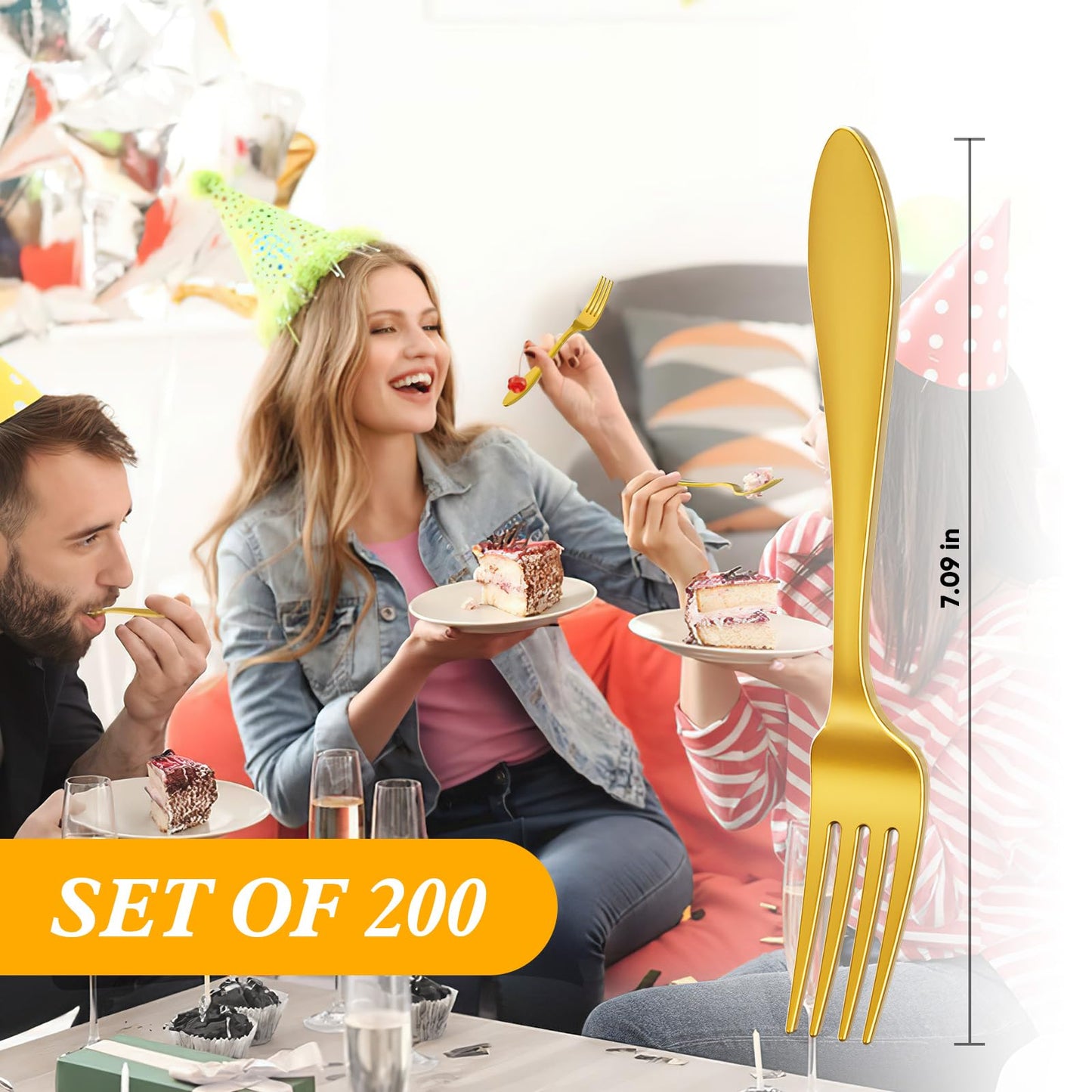 Disposable Forks Plastic, 200 Pcs Forks For Parties, Plastic Silverware Heavy Duty, Solid and Durable Plastic Utensils, Disposable Table Forks & Dinner Forks For Noodle/Salad, Golden Shower Forks