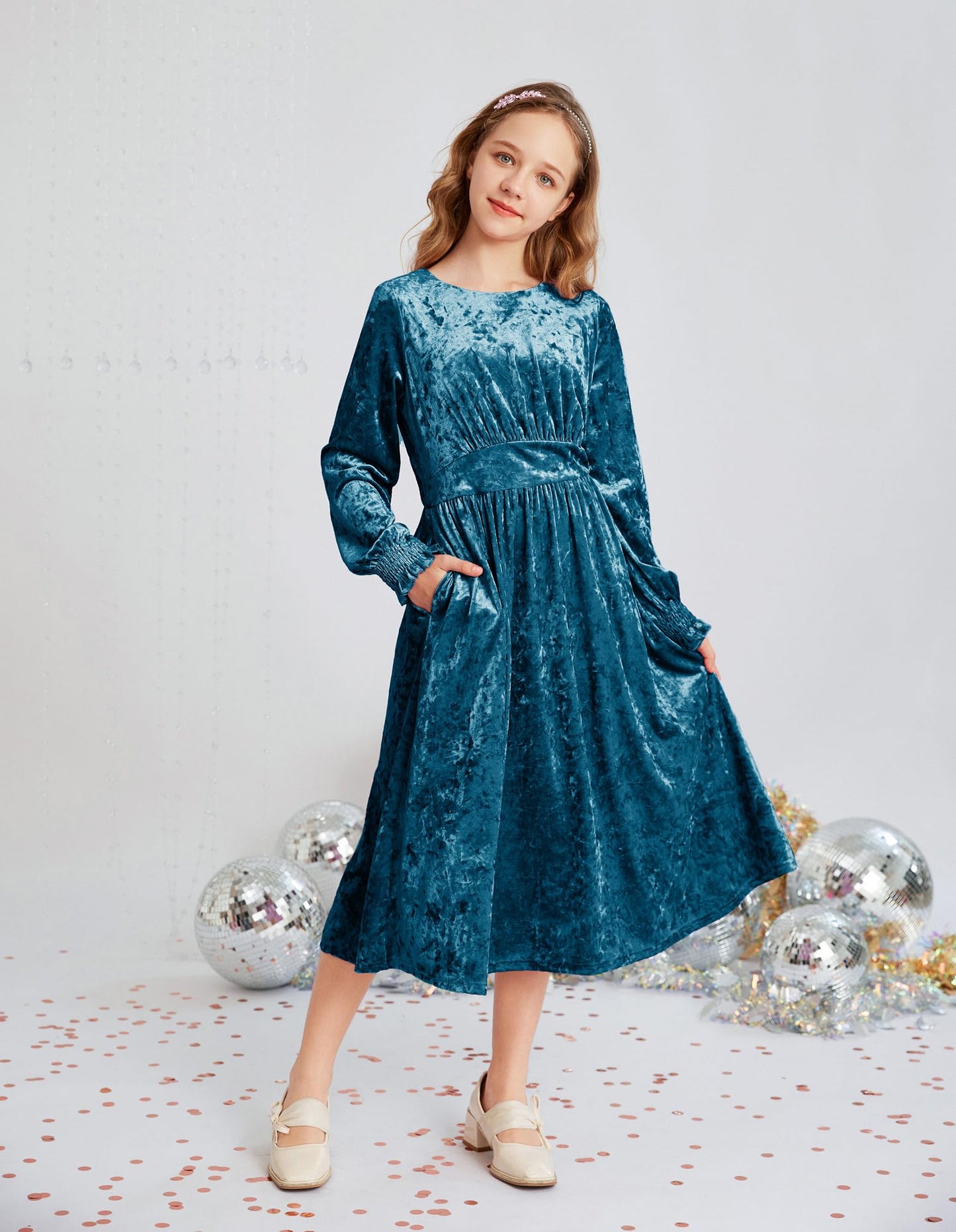 GRACE KARIN Girls Velvet Long Sleeve Midi Dress