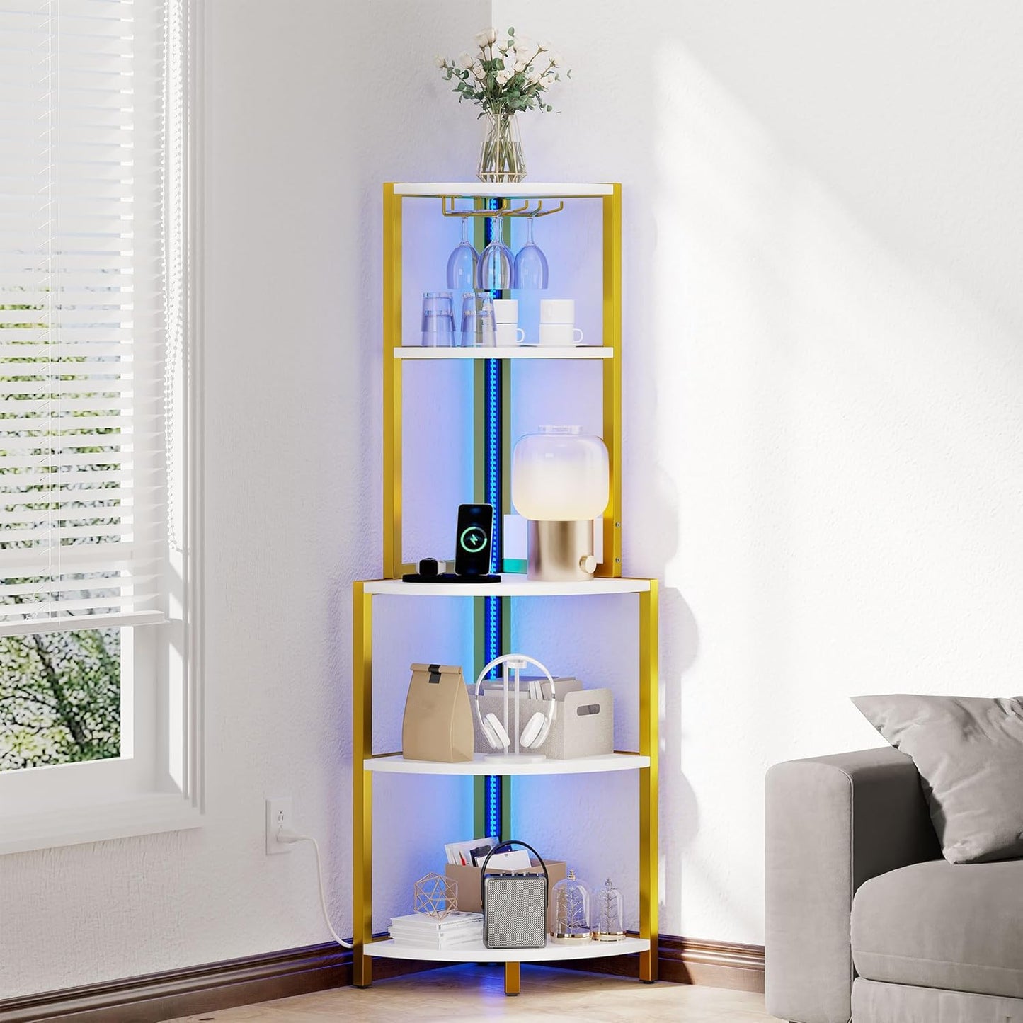 5-Tier Corner Shelf with Power Outlets & LED Lights