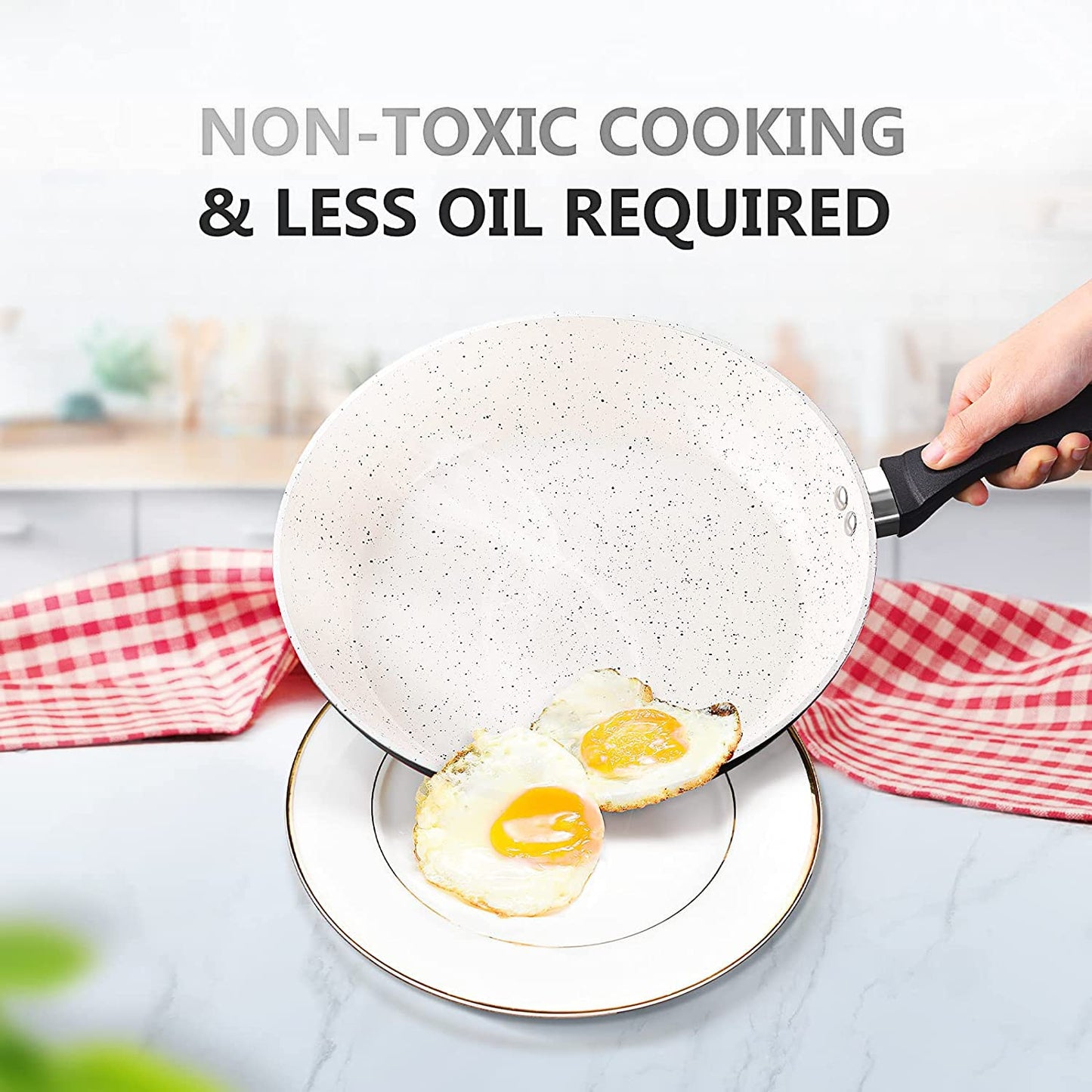 KOCH SYSTEME CS CSK 11 Inch Nonstick Wok Pan with Lid, Ceramic Wok pan with Heat Insulation Handle, 100% APEO & PFOA-Free Non-Stick Coating, Skilllets Cookware, White & Black, Ideal for Friens