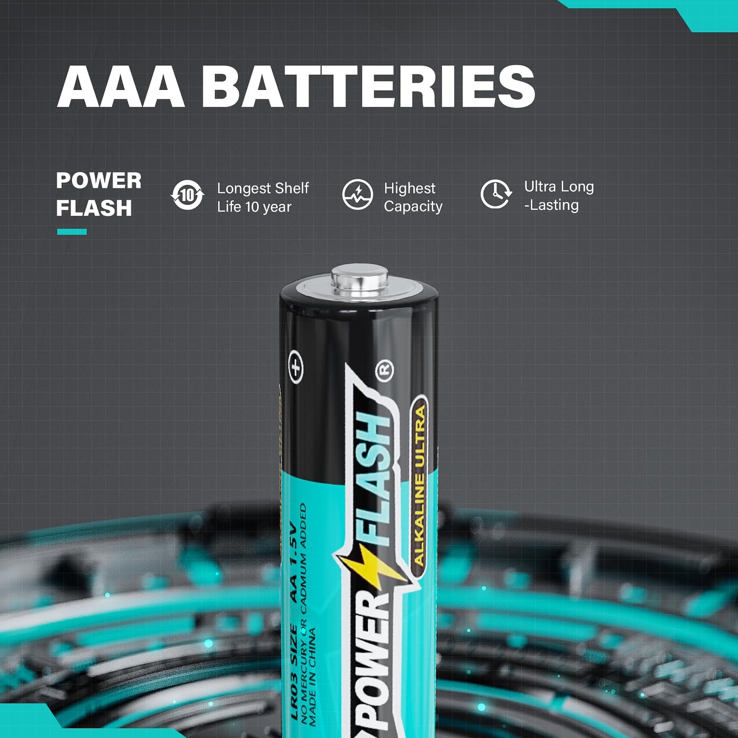 POWER FLASH Long-Lasting Leakproof Alkaline Batteries