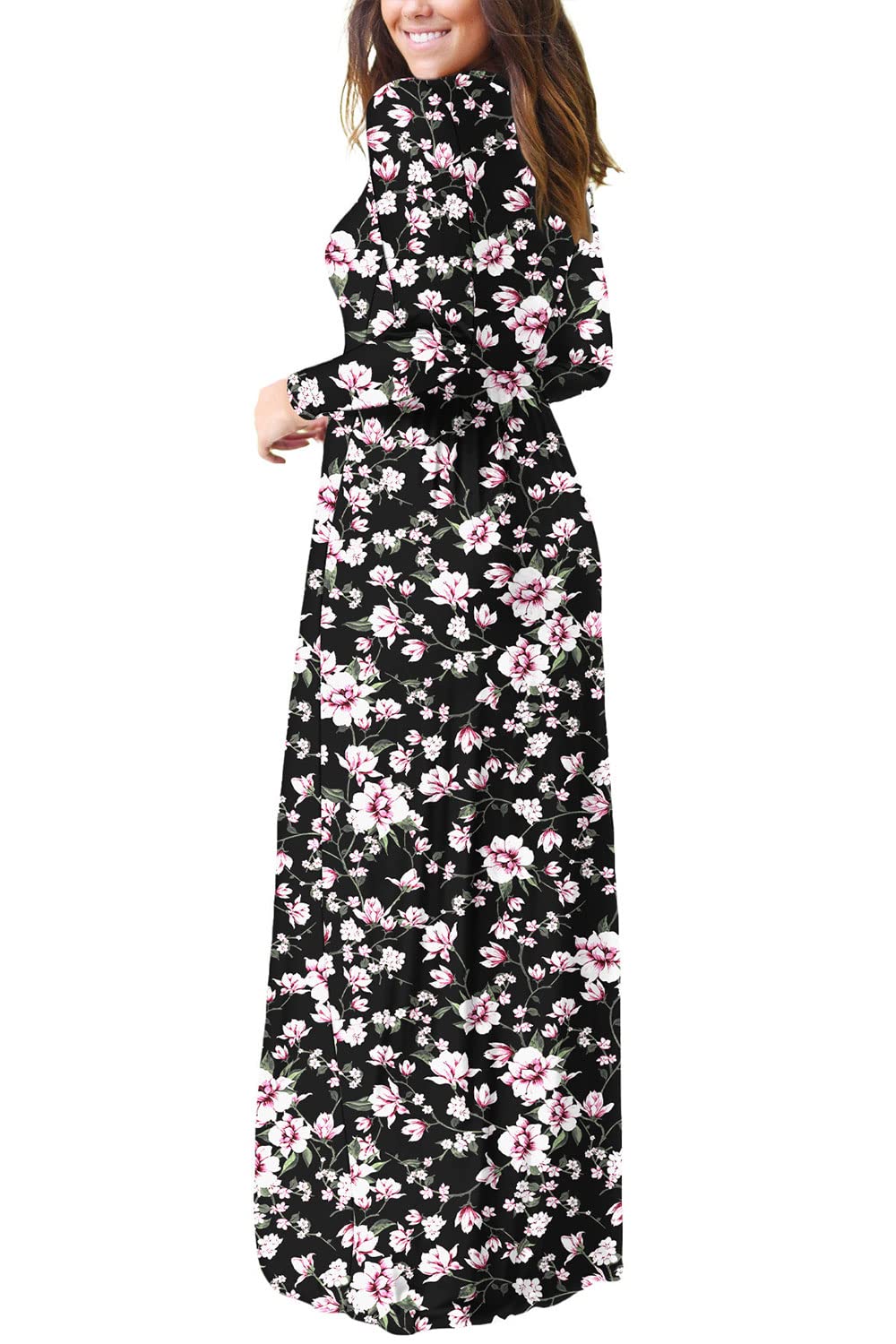 EUOVMY Maxi Dress for Women Floral Black Pink Large Round Neck Boho A-line Long Sleeve Casual Hawaiian Sundress Flowy Elegant Party Vacation Spring Summer Beach Long Sun Dresses with Pockets