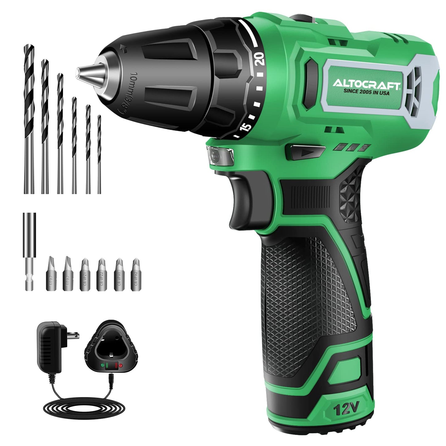 ALTOCRAFT Power Drill Cordless 12V Max,3/8" Small Electric Screwdriver Driver Tool Kit w/Battery & Charger,Keyless Chuck,Variable-Speed,LED Work Light,Compact and Lightweight for DIY Home Use