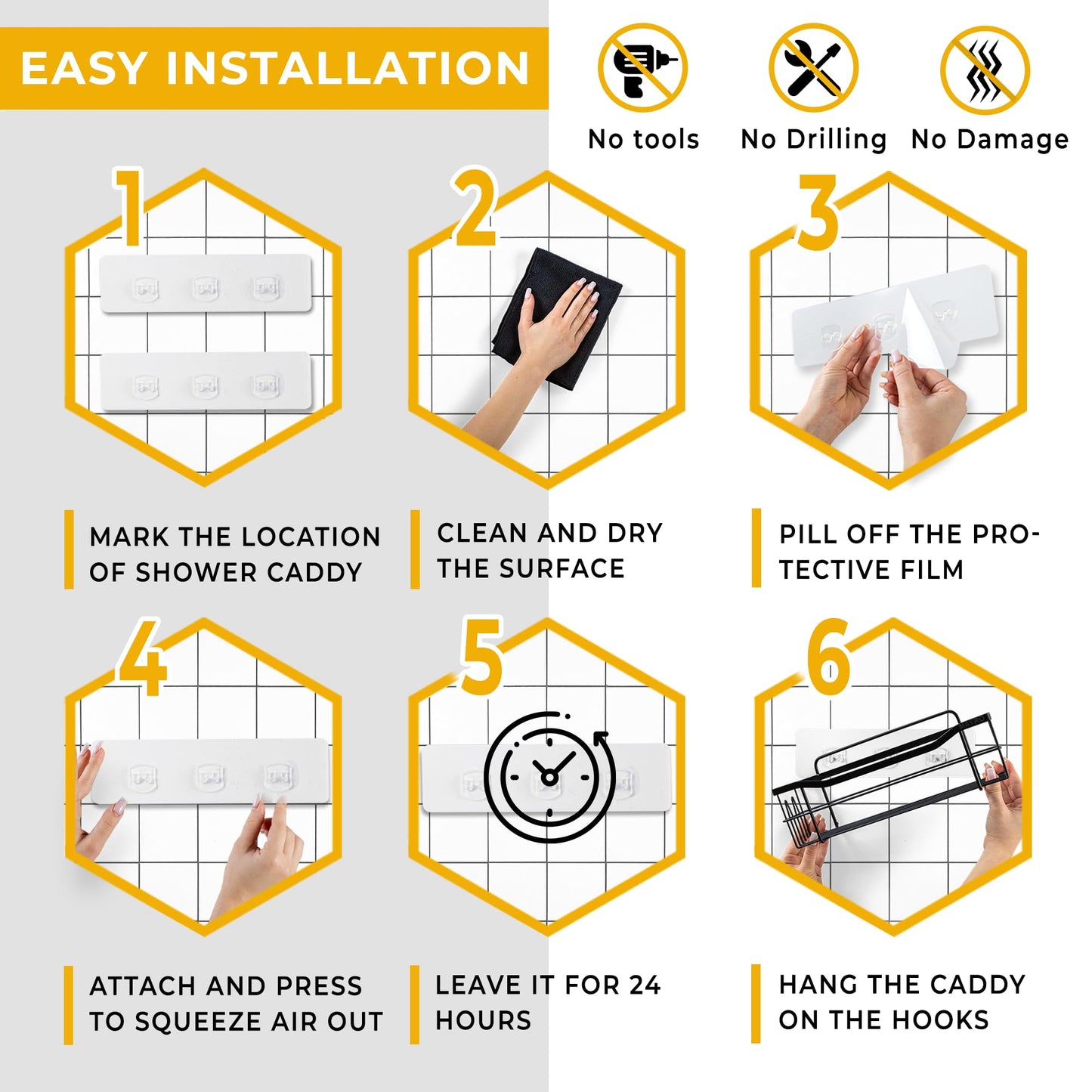 MAYRO Shower Shelves 5 Pack - Rustproof Shower Caddy - Easy to Install - Self Adhesive Bathroom Shower Organizer - Durable Shower Shelf for Inside Shower - Large Capacity Black Shower Rack